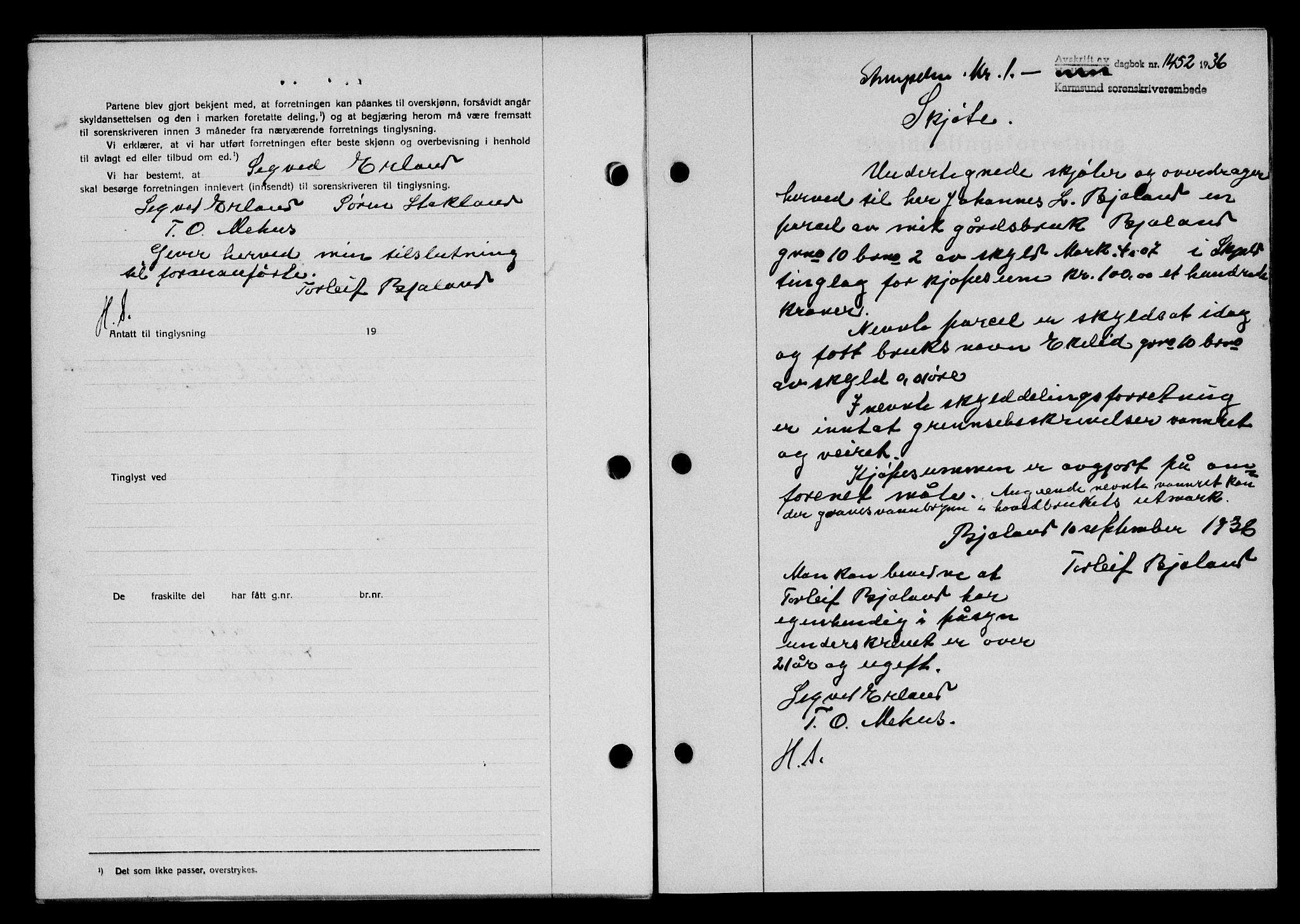 Karmsund sorenskriveri, SAST/A-100311/01/II/IIB/L0066: Mortgage book no. 47A, 1936-1936, Diary no: : 1452/1936