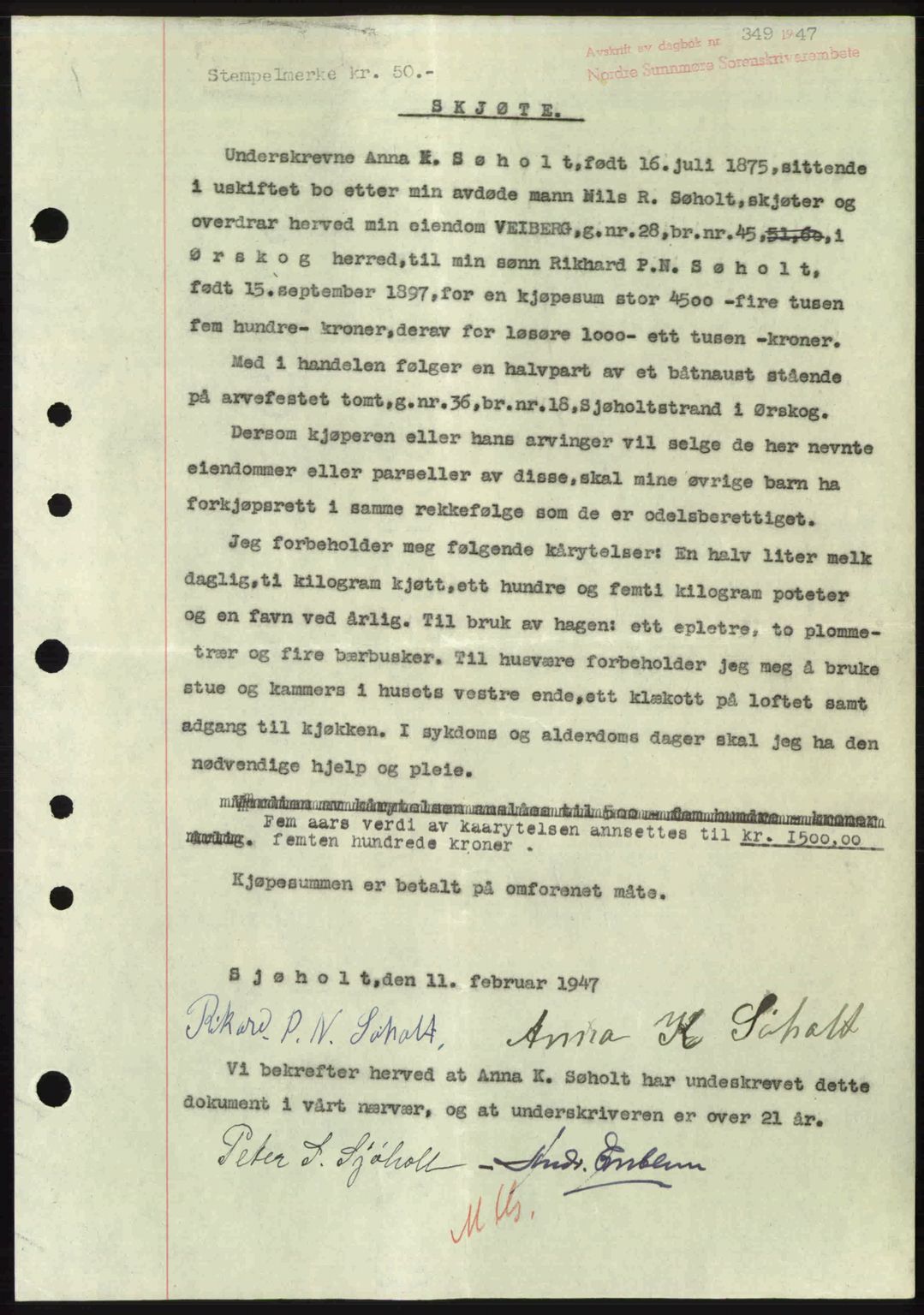 Nordre Sunnmøre sorenskriveri, AV/SAT-A-0006/1/2/2C/2Ca: Mortgage book no. A24, 1947-1947, Diary no: : 349/1947