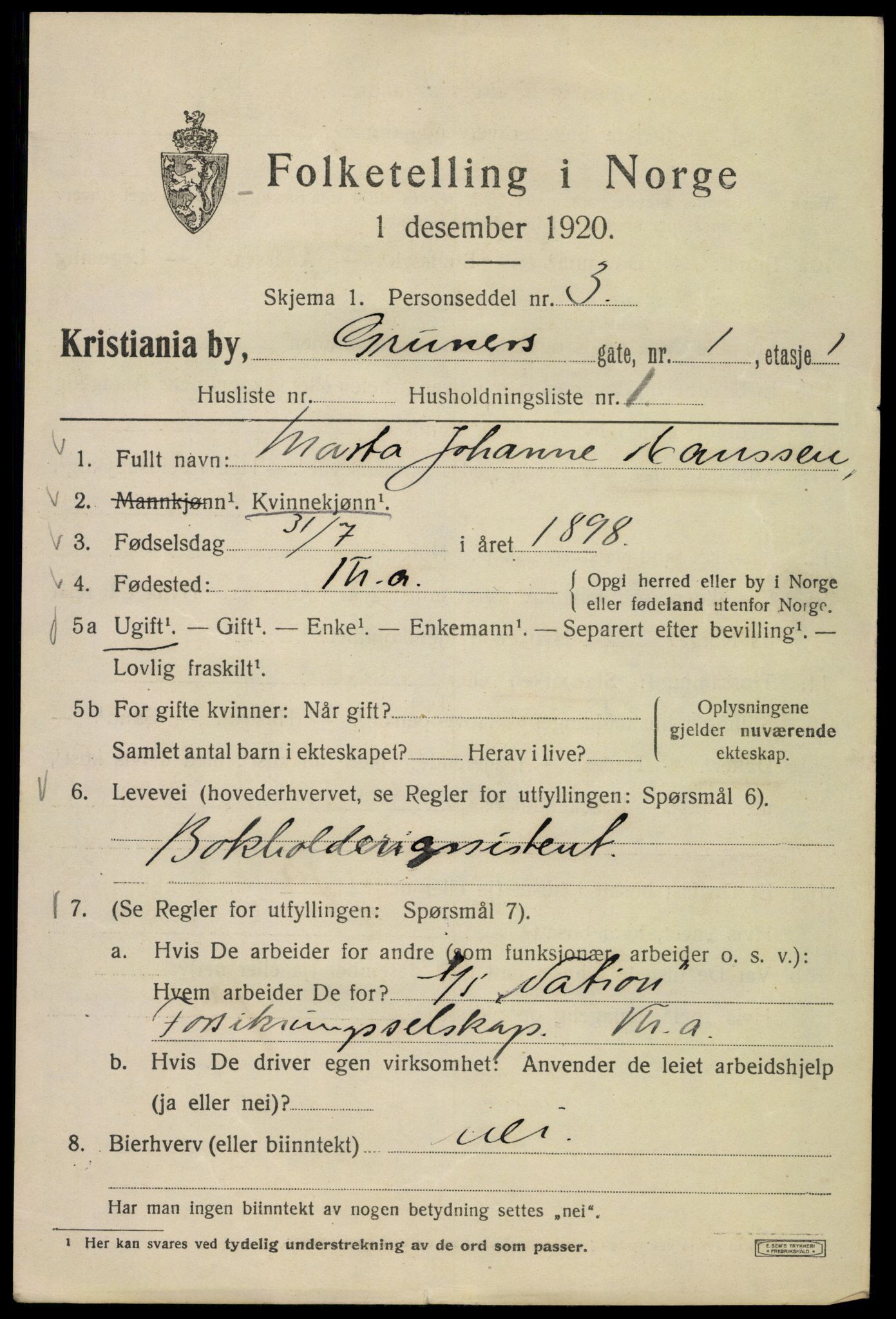 SAO, 1920 census for Kristiania, 1920, p. 259057