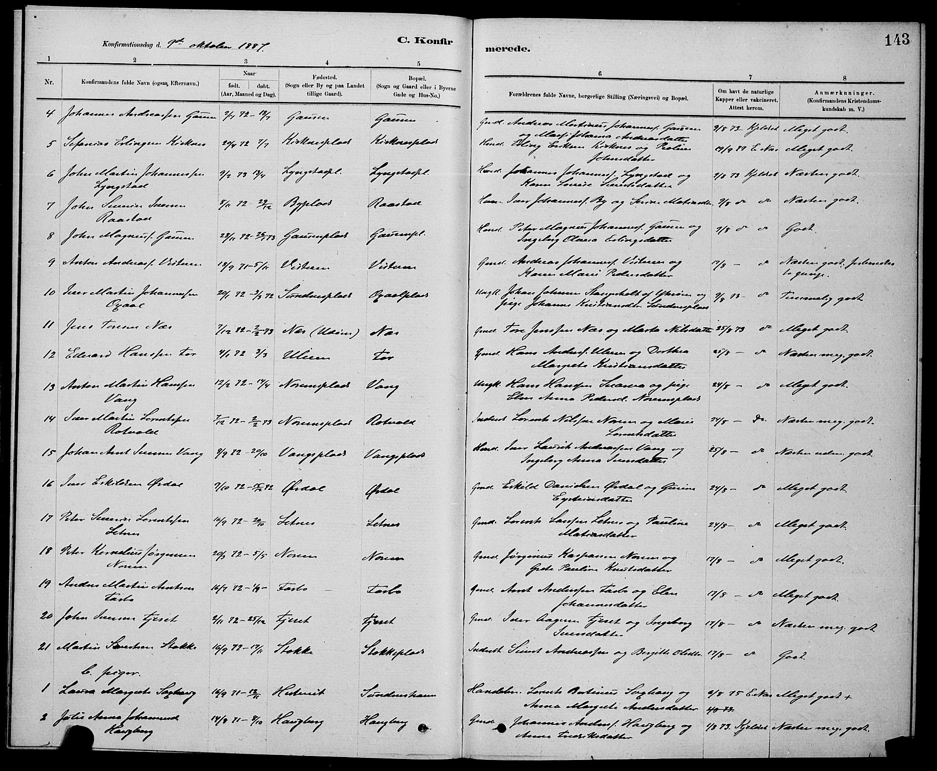 Ministerialprotokoller, klokkerbøker og fødselsregistre - Nord-Trøndelag, AV/SAT-A-1458/730/L0301: Parish register (copy) no. 730C04, 1880-1897, p. 143