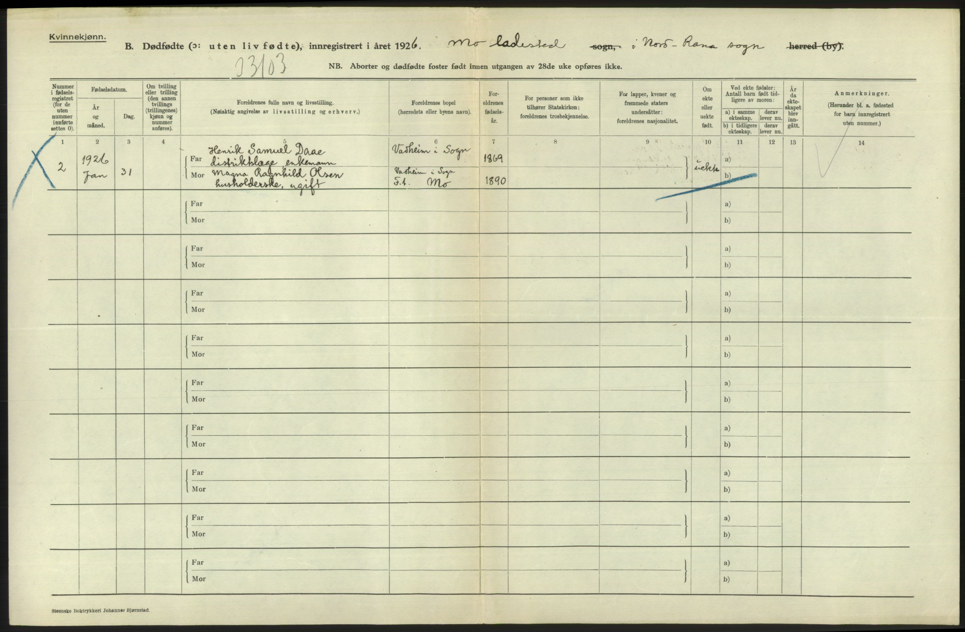 Statistisk sentralbyrå, Sosiodemografiske emner, Befolkning, AV/RA-S-2228/D/Df/Dfc/Dfcf/L0040: Nordland fylke: Levendefødte menn og kvinner. Byer, samt gifte, dødfødte. Bygder og byer., 1926, p. 424