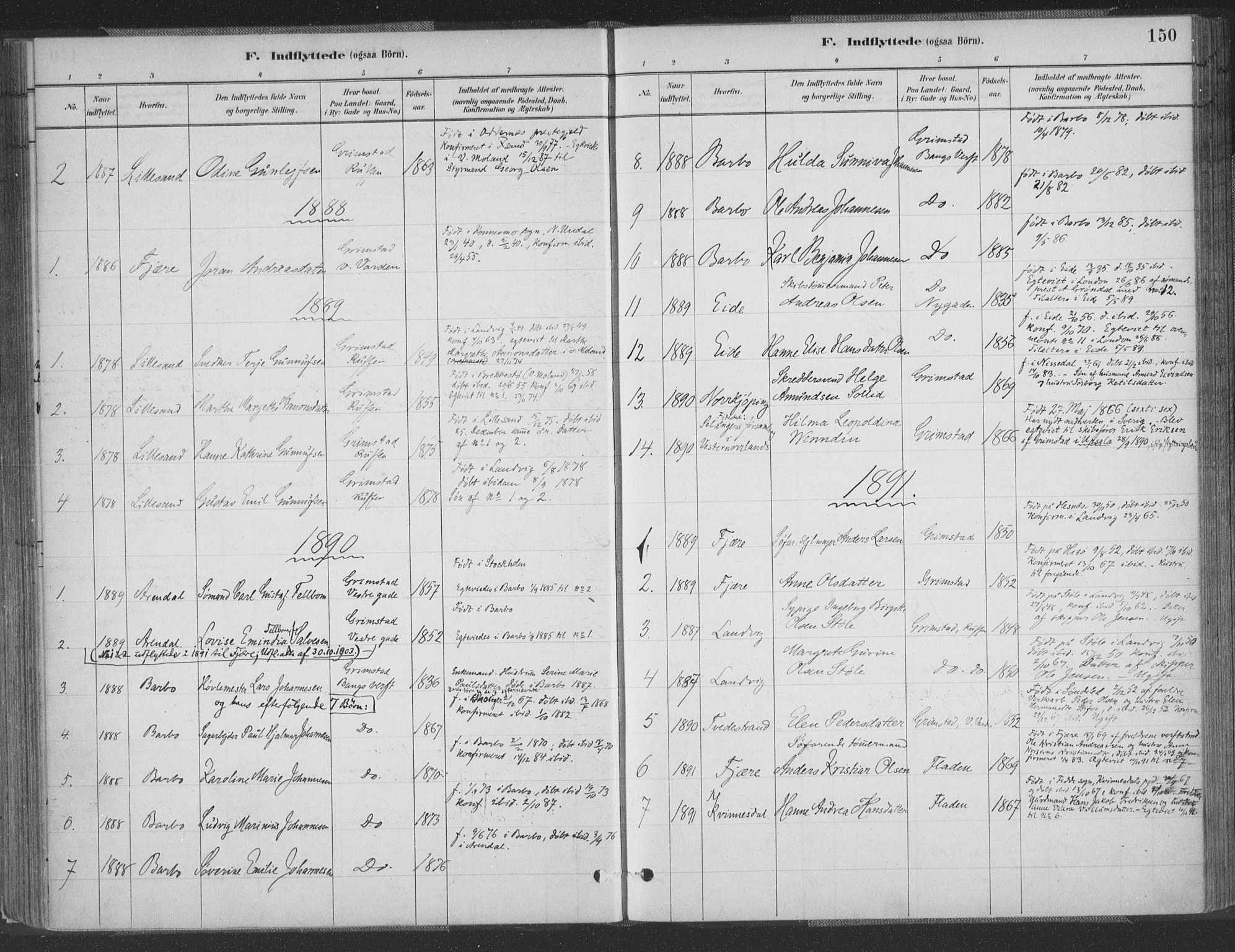 Grimstad sokneprestkontor, SAK/1111-0017/F/Fa/L0004: Parish register (official) no. A 3, 1882-1910, p. 150