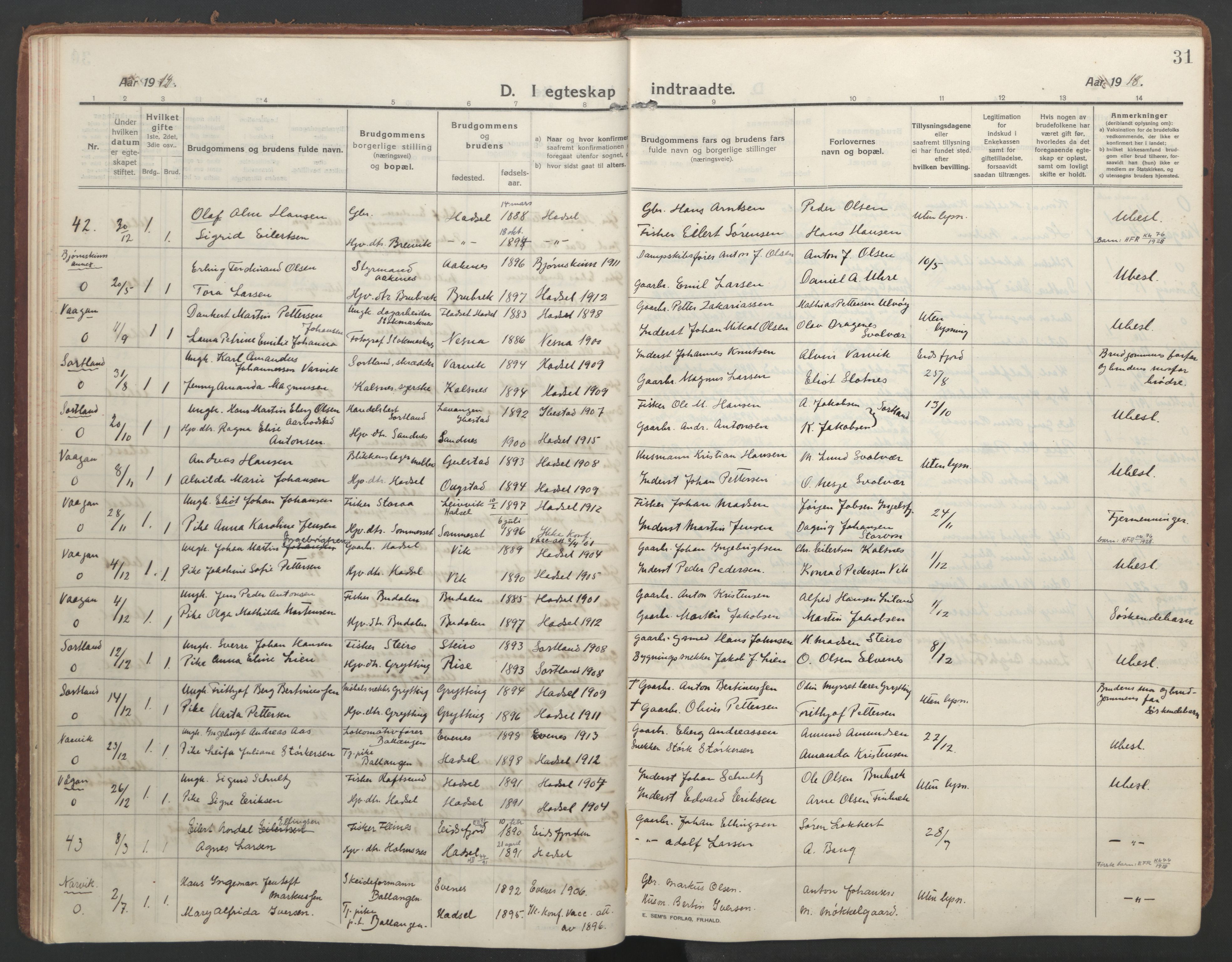 Ministerialprotokoller, klokkerbøker og fødselsregistre - Nordland, SAT/A-1459/888/L1251: Parish register (official) no. 888A17, 1913-1925, p. 31