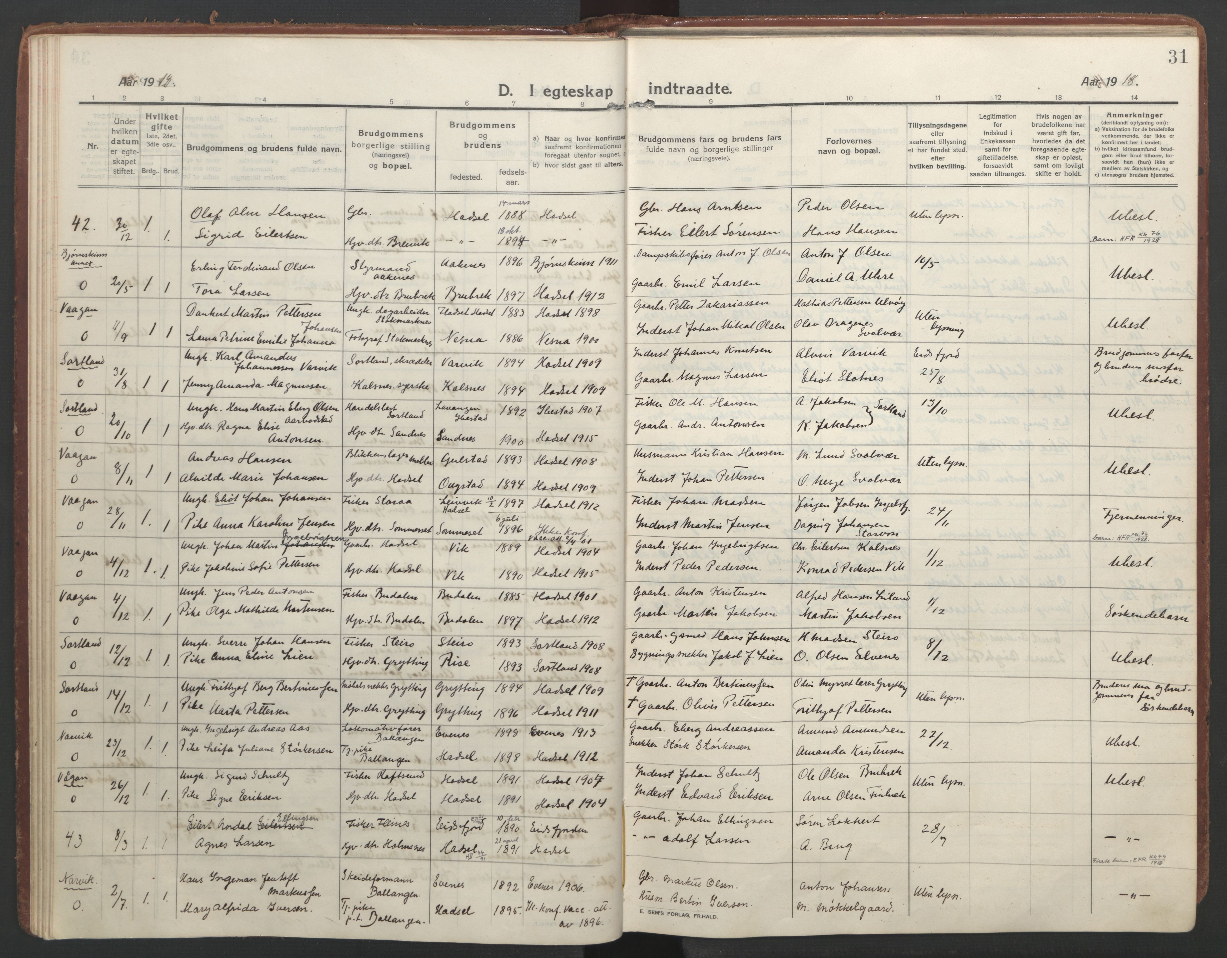 Ministerialprotokoller, klokkerbøker og fødselsregistre - Nordland, AV/SAT-A-1459/888/L1251: Parish register (official) no. 888A17, 1913-1925, p. 31