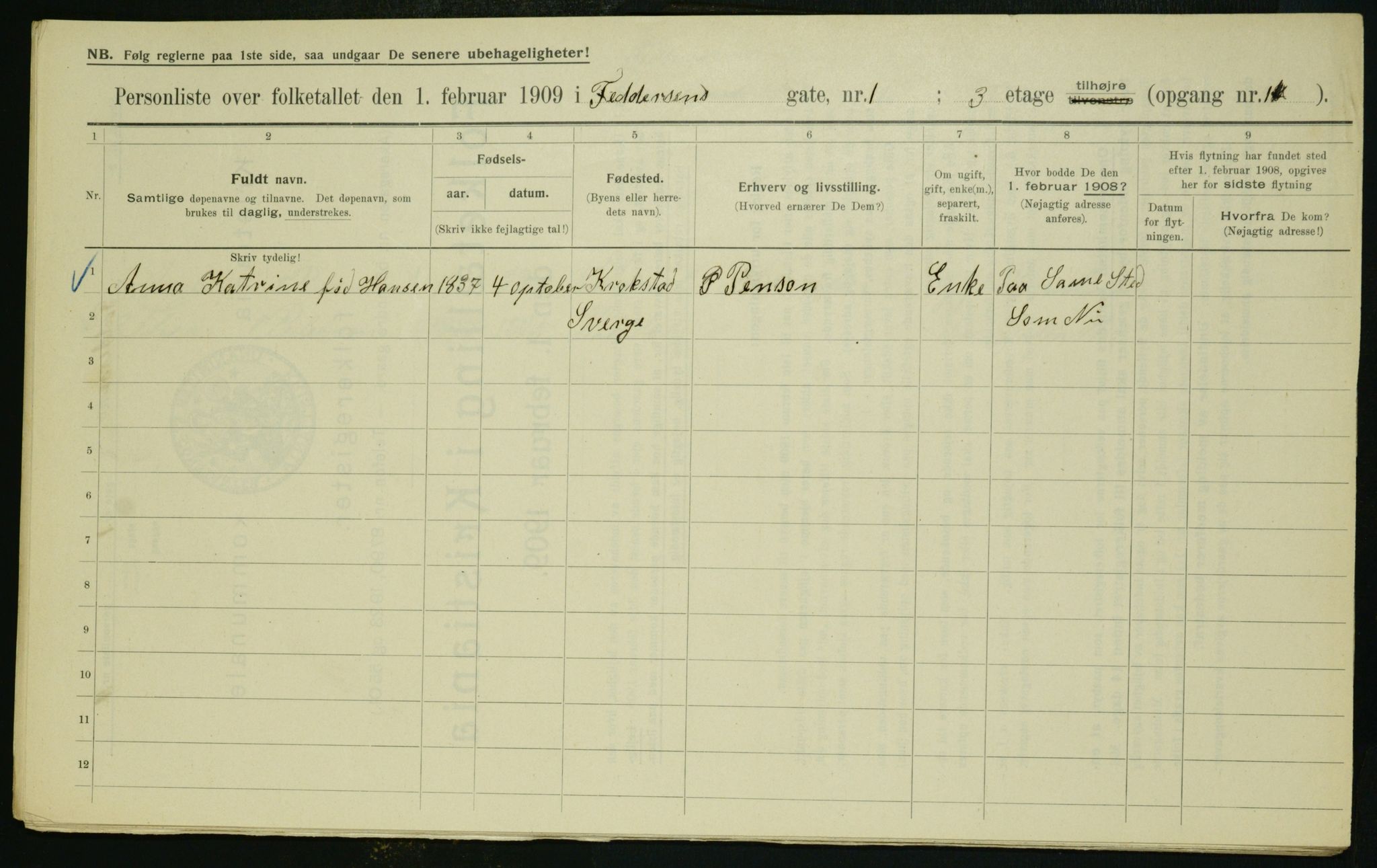 OBA, Municipal Census 1909 for Kristiania, 1909, p. 21627