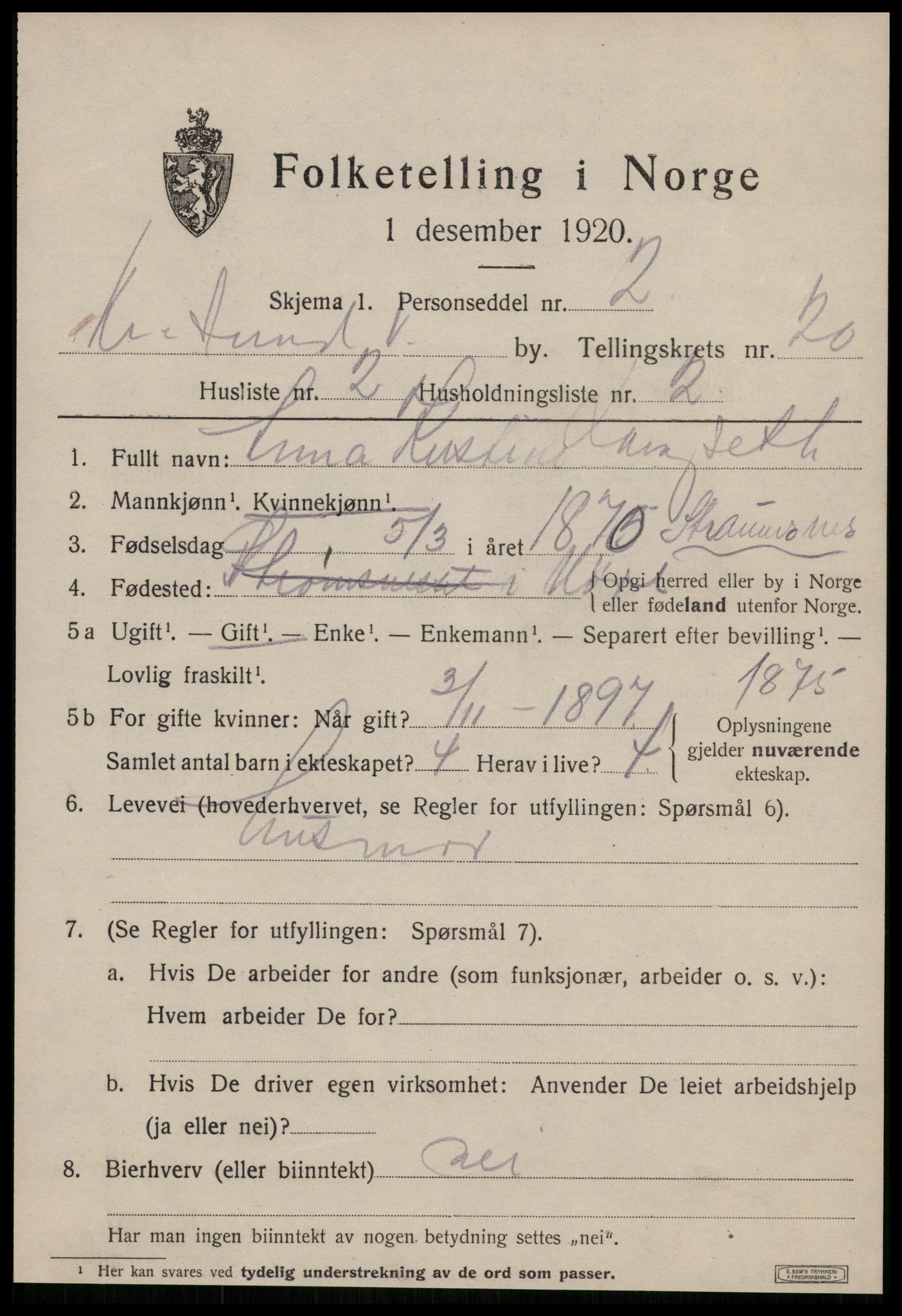 SAT, 1920 census for Kristiansund, 1920, p. 40505