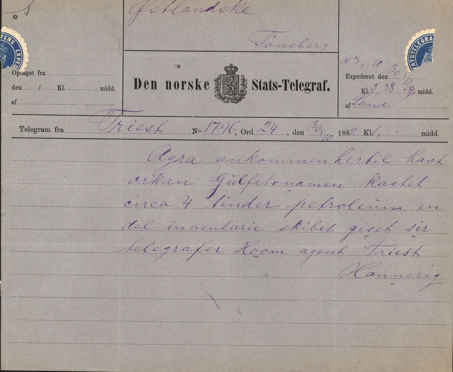 Pa 63 - Østlandske skibsassuranceforening, VEMU/A-1079/G/Ga/L0014/0011: Havaridokumenter / Agra, Anna, Jorsalfarer, Alfen, Uller, Solon, 1882, p. 11