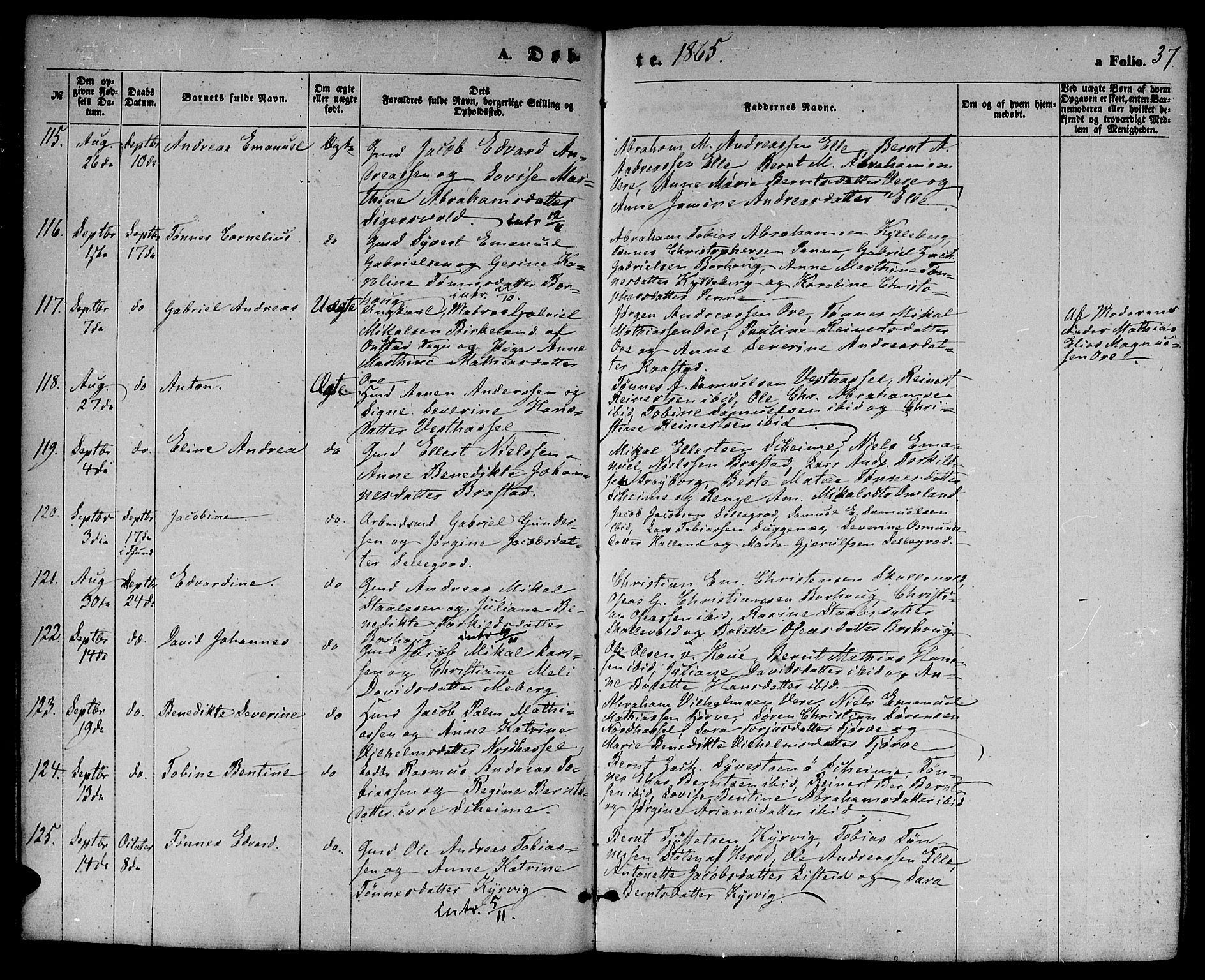 Lista sokneprestkontor, AV/SAK-1111-0027/F/Fb/L0003: Parish register (copy) no. B 3, 1862-1877, p. 37