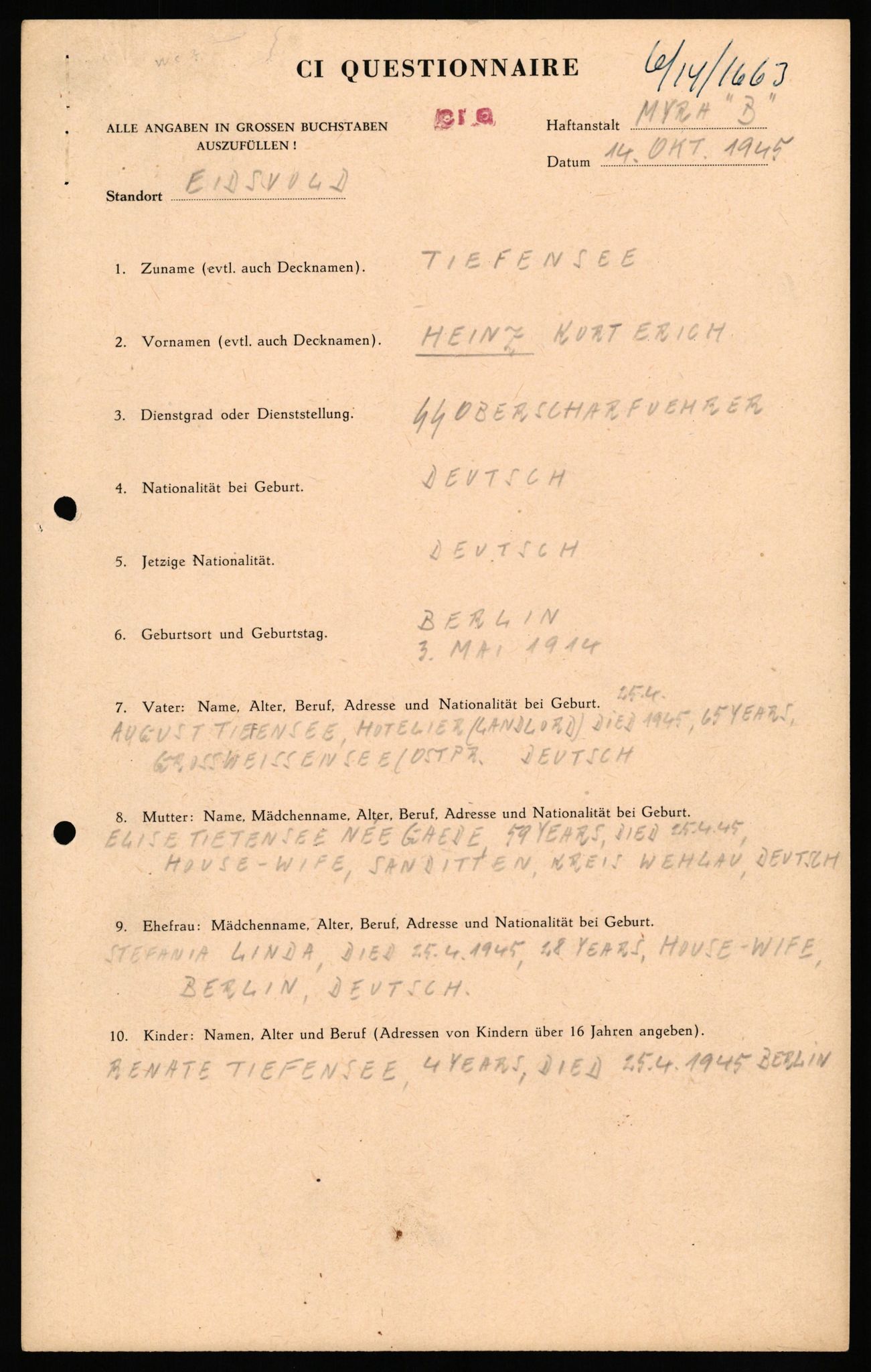 Forsvaret, Forsvarets overkommando II, AV/RA-RAFA-3915/D/Db/L0034: CI Questionaires. Tyske okkupasjonsstyrker i Norge. Tyskere., 1945-1946, p. 2
