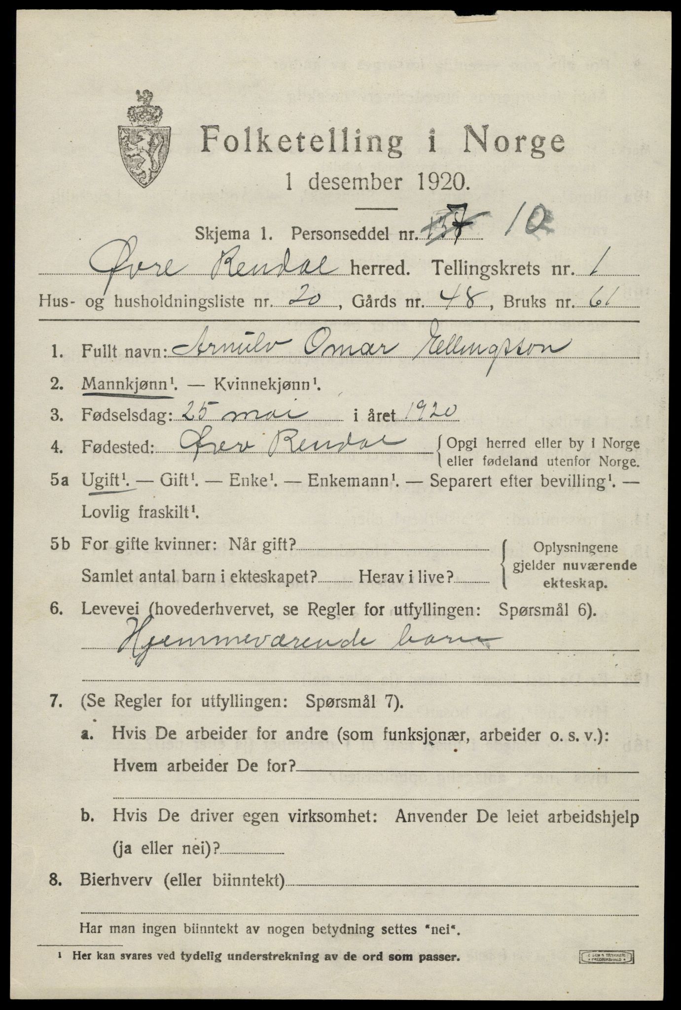 SAH, 1920 census for Øvre Rendal, 1920, p. 929