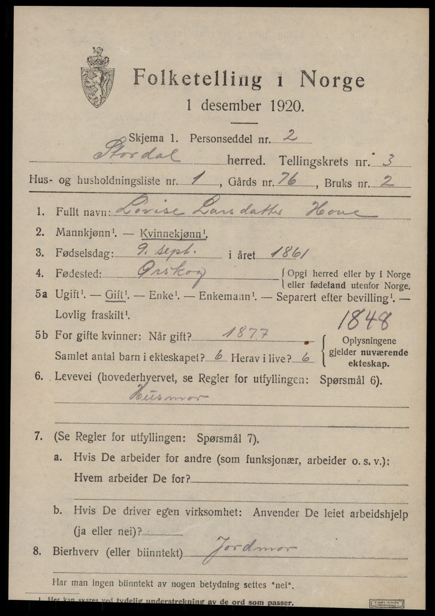 SAT, 1920 census for Stordal, 1920, p. 840