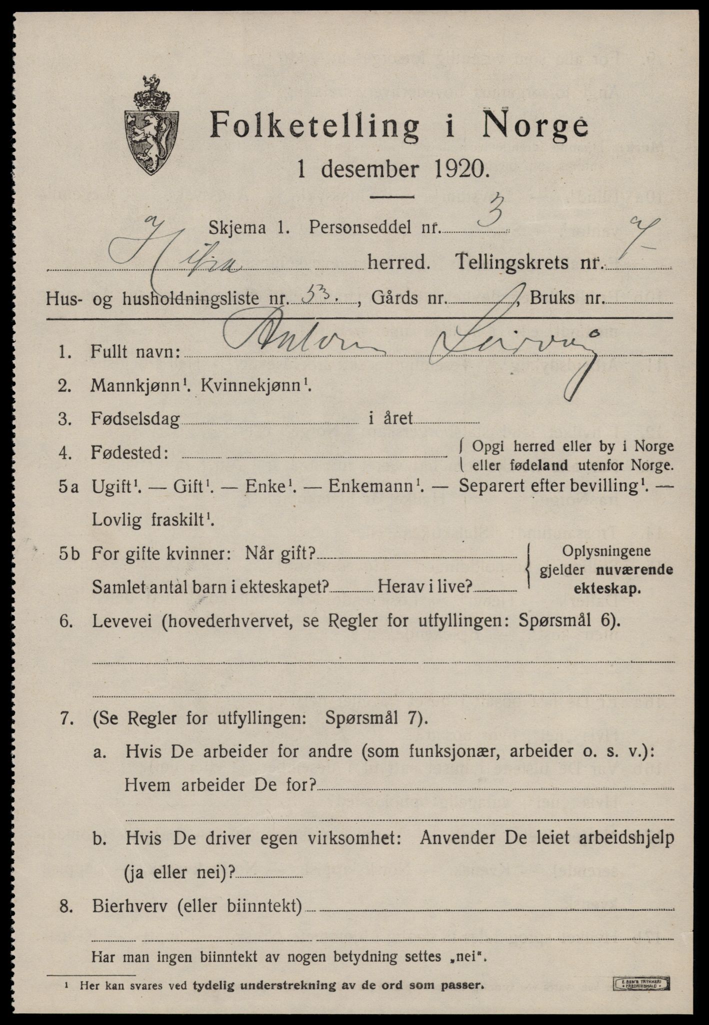 SAT, 1920 census for Hitra, 1920, p. 2605