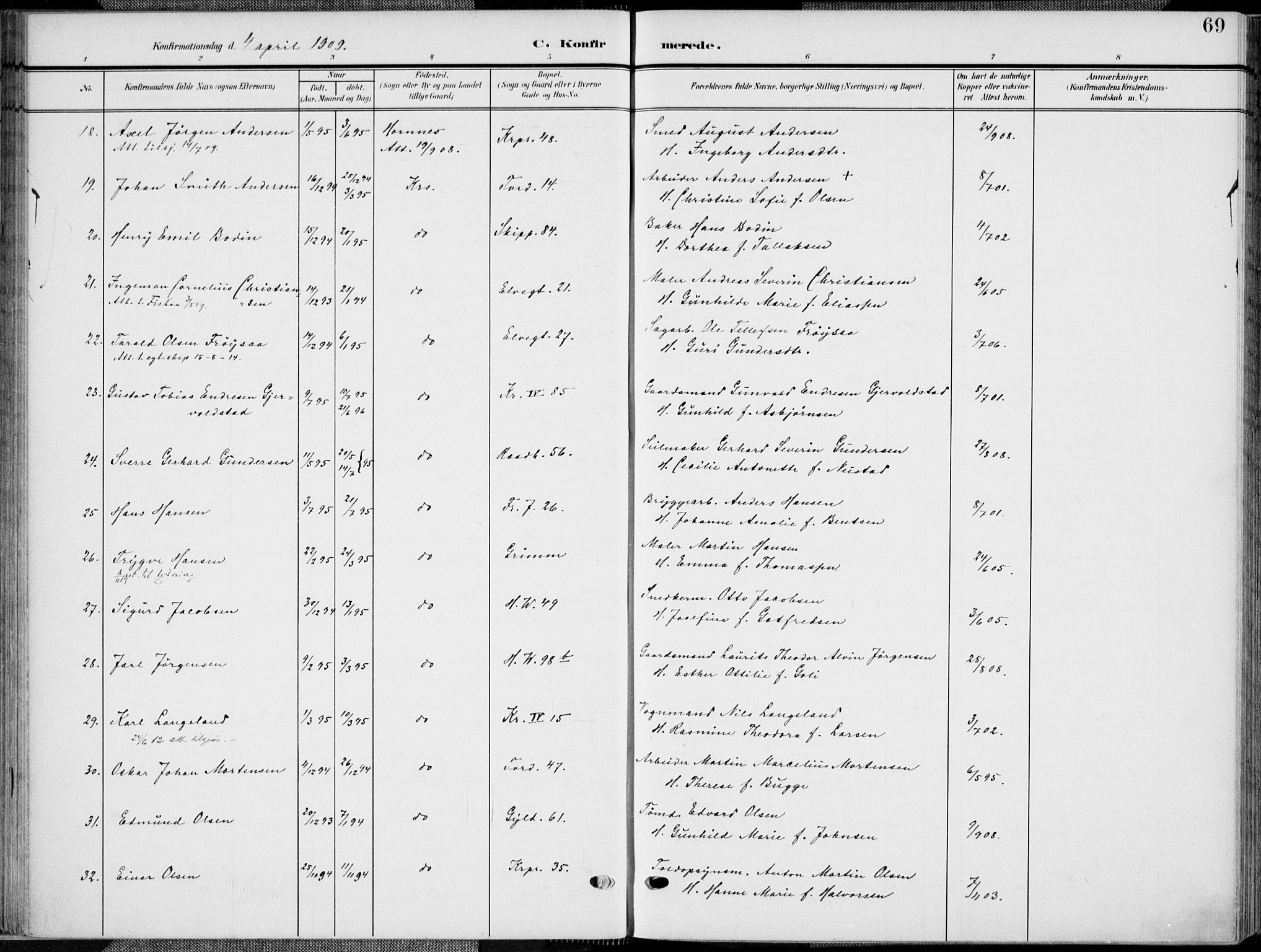 Kristiansand domprosti, AV/SAK-1112-0006/F/Fa/L0022: Parish register (official) no. A 21, 1905-1916, p. 69