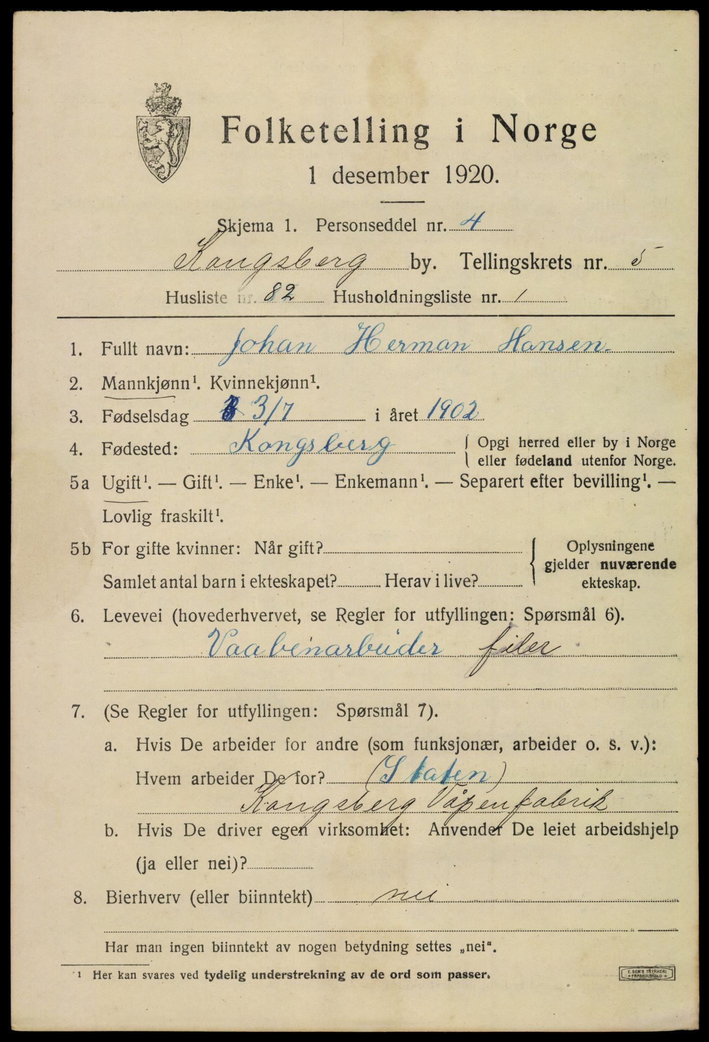 SAKO, 1920 census for Kongsberg, 1920, p. 13568