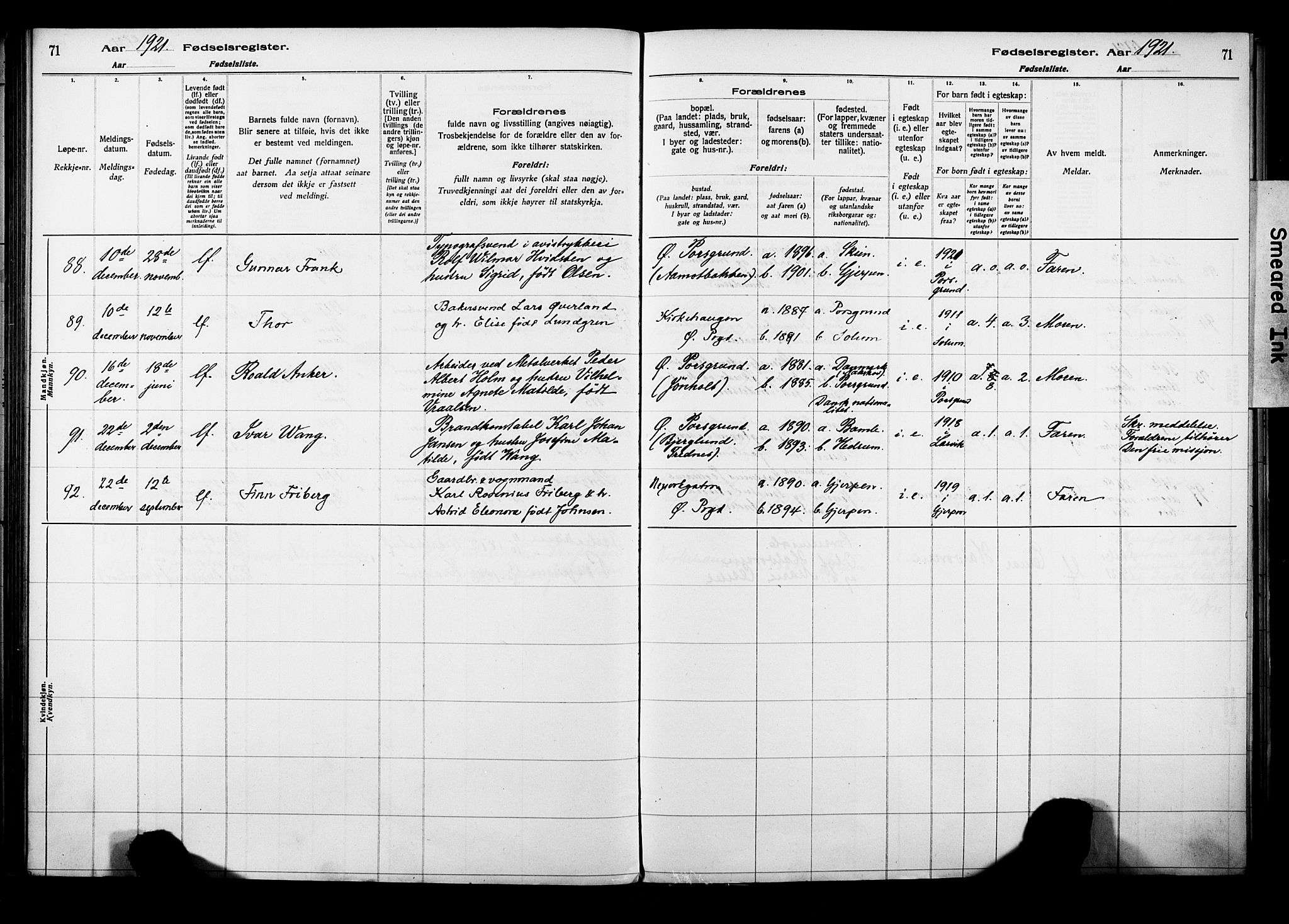 Porsgrunn kirkebøker , AV/SAKO-A-104/J/Ja/L0001: Birth register no. 1, 1916-1929, p. 71