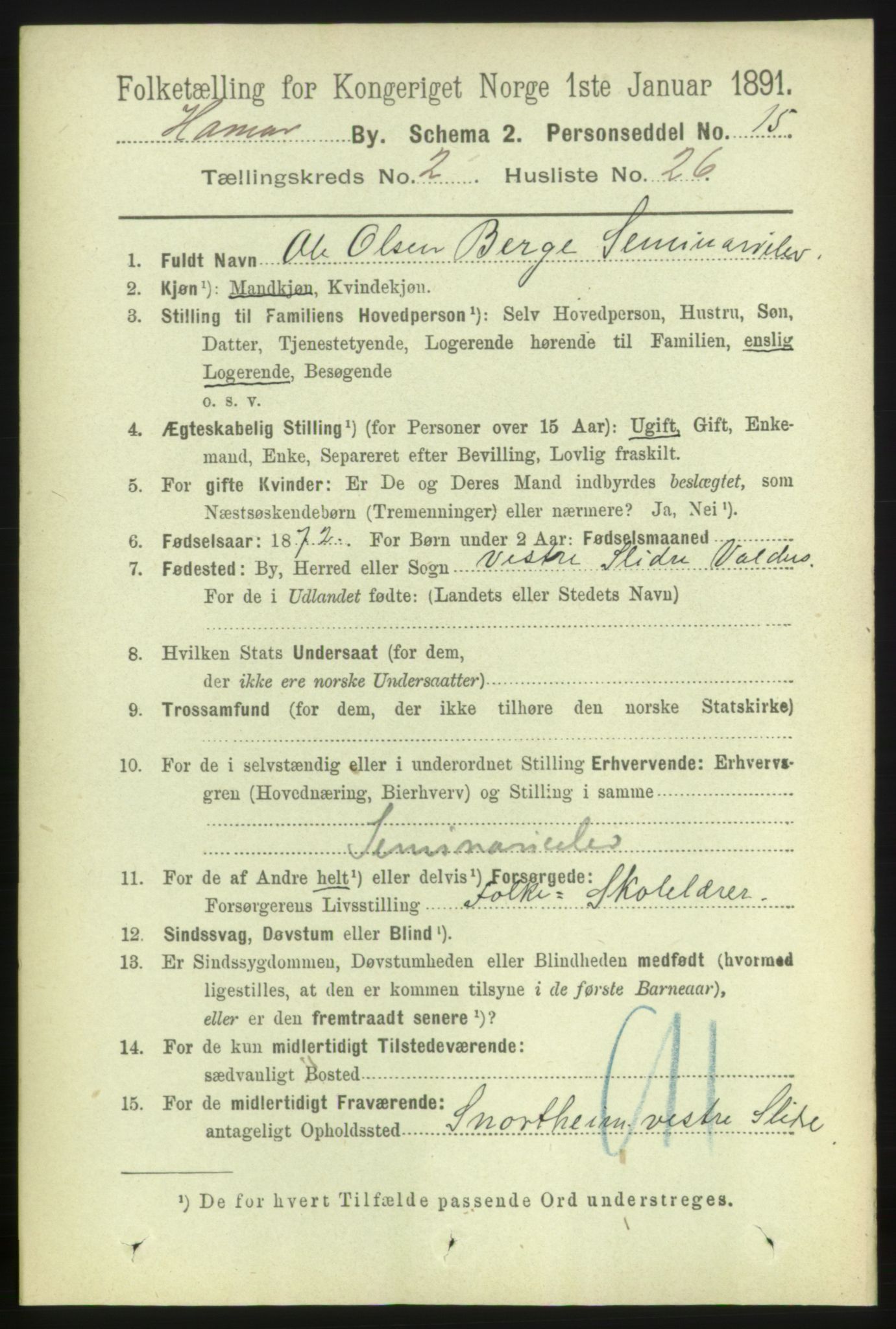 RA, 1891 census for 0401 Hamar, 1891, p. 1383