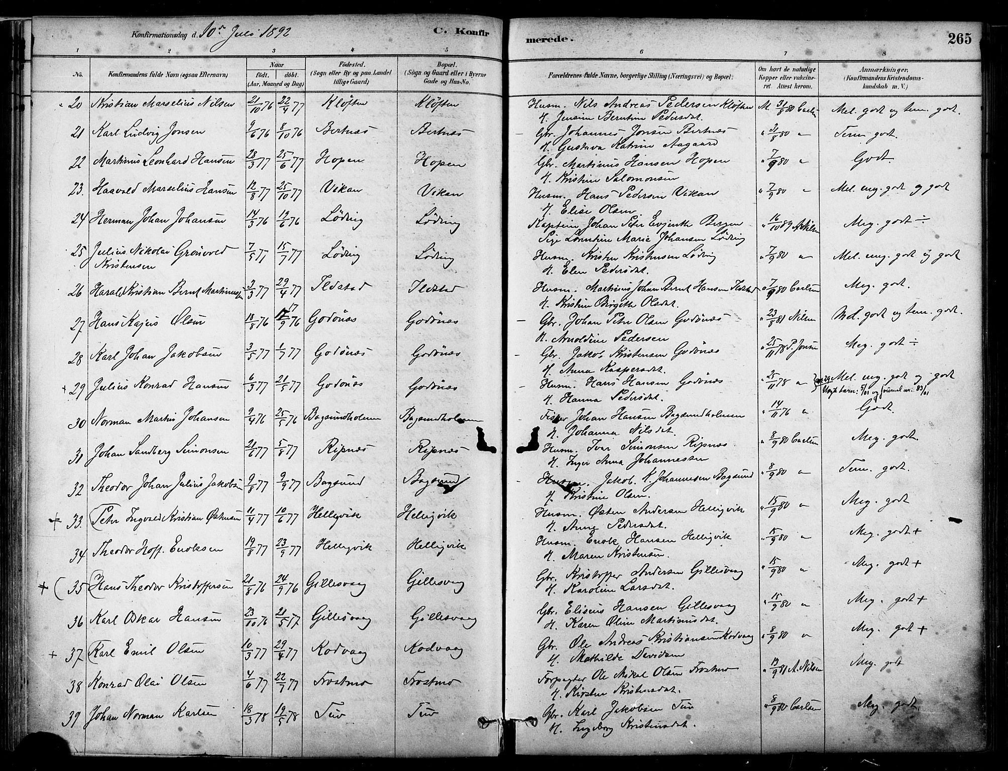 Ministerialprotokoller, klokkerbøker og fødselsregistre - Nordland, AV/SAT-A-1459/802/L0054: Parish register (official) no. 802A01, 1879-1893, p. 265