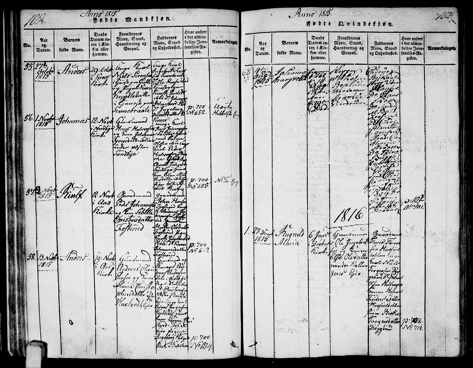 Ås prestekontor Kirkebøker, AV/SAO-A-10894/F/Fa/L0003: Parish register (official) no. I 3, 1814-1818, p. 102-103