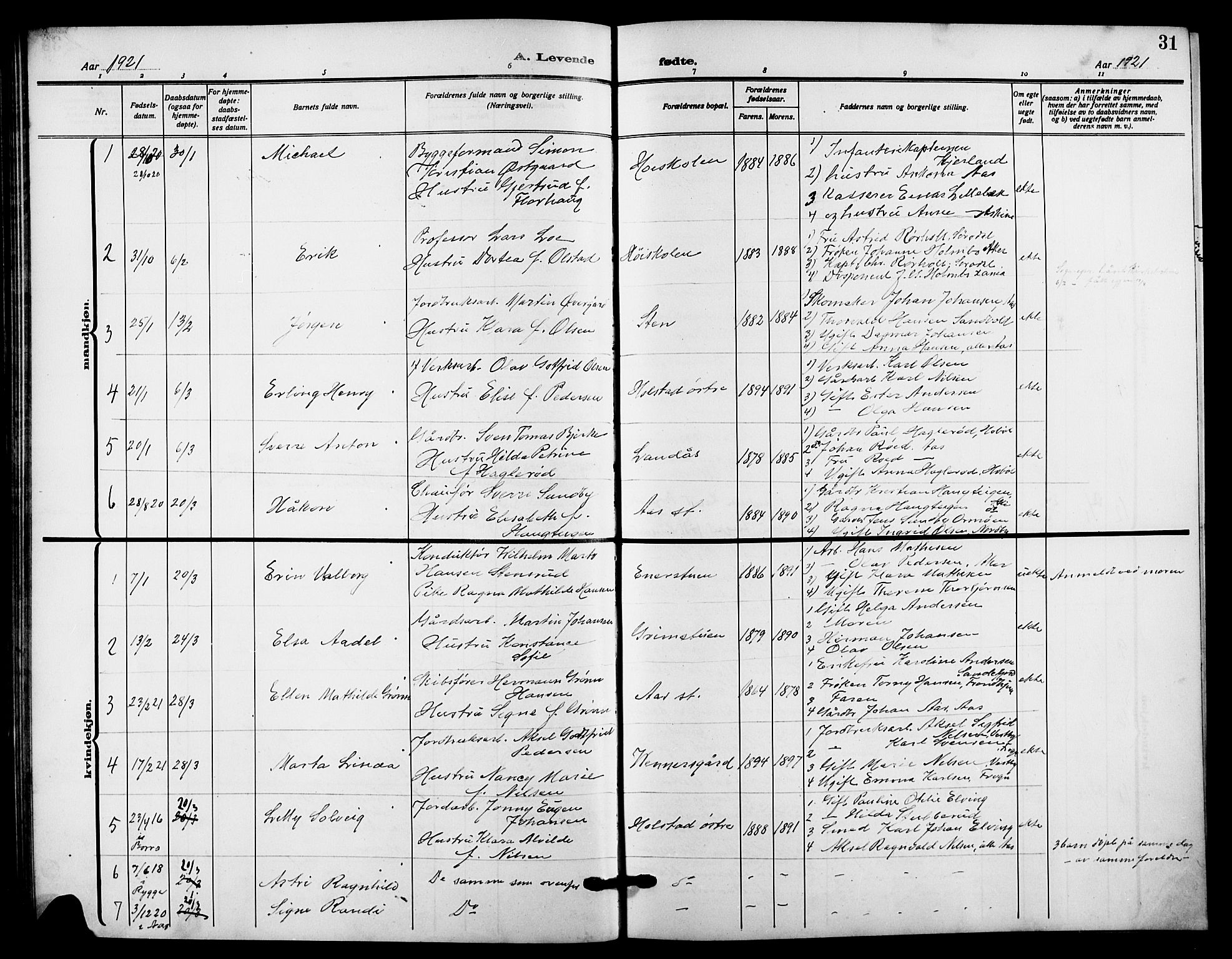 Ås prestekontor Kirkebøker, SAO/A-10894/G/Ga/L0005: Parish register (copy) no. I 5, 1916-1924, p. 31