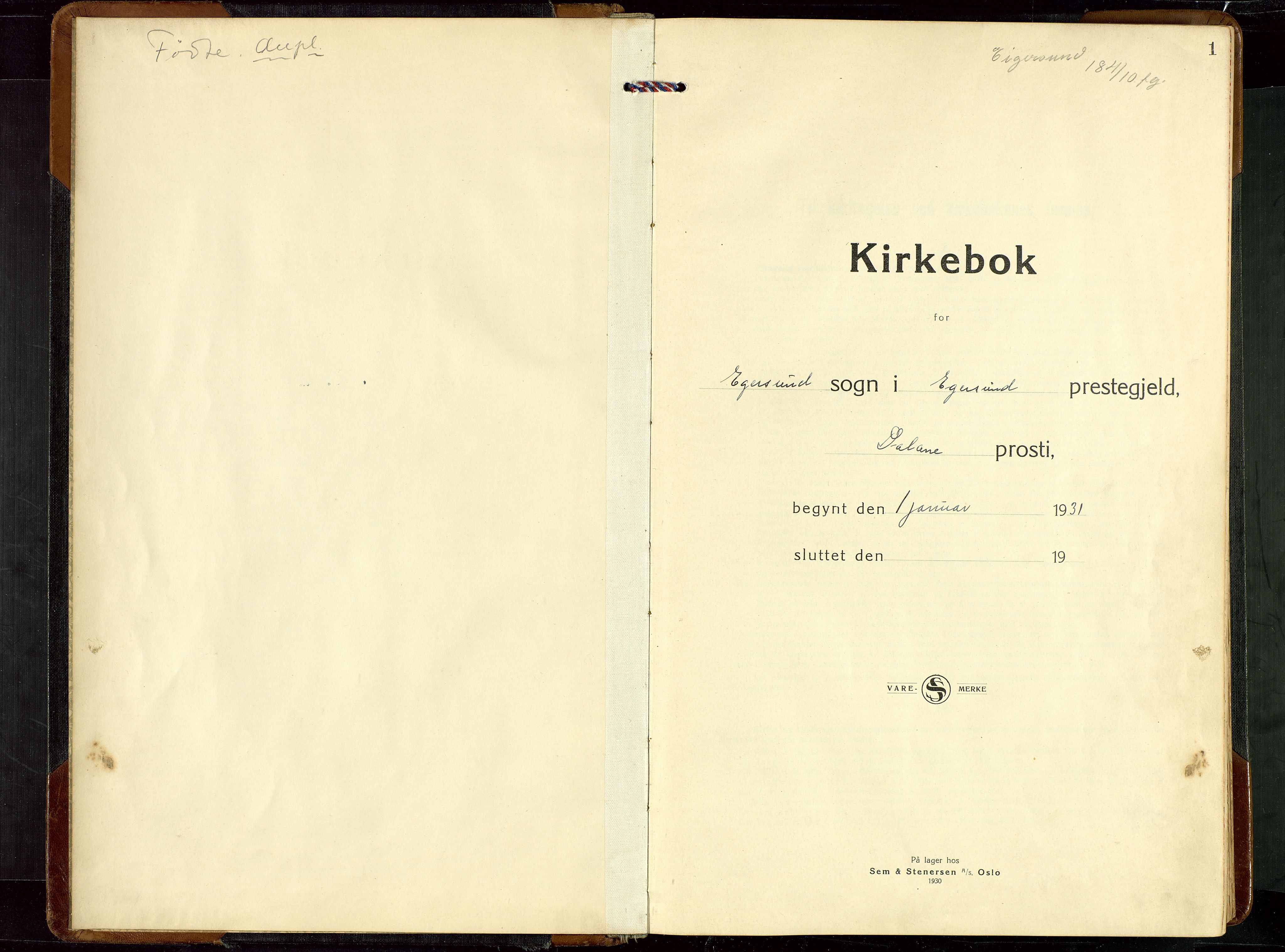 Eigersund sokneprestkontor, SAST/A-101807/S09/L0013: Parish register (copy) no. B 13, 1931-1949, p. 1