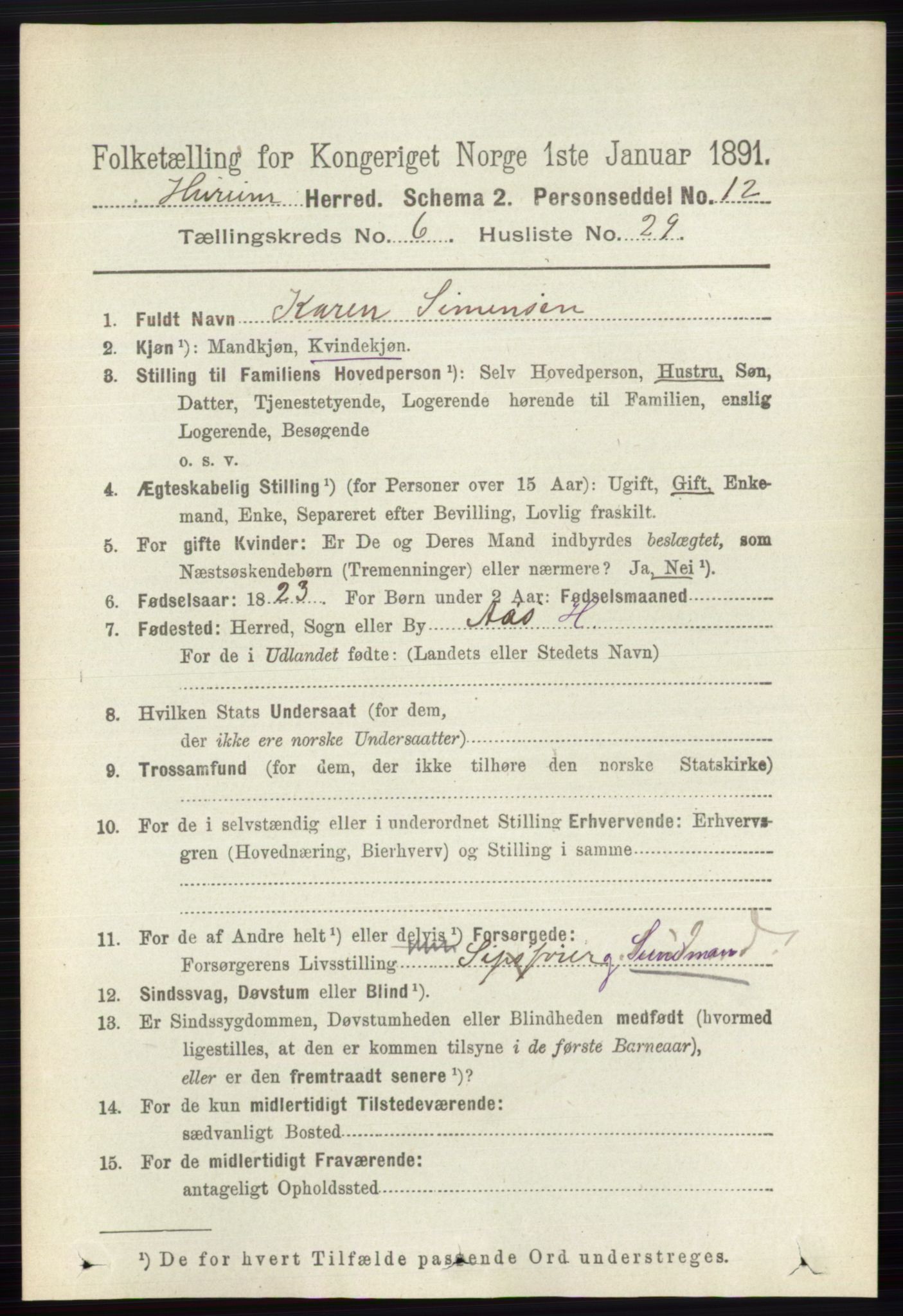 RA, 1891 census for 0628 Hurum, 1891, p. 2155