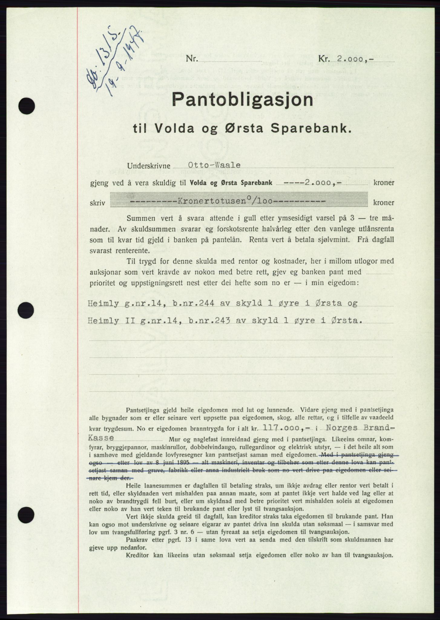 Søre Sunnmøre sorenskriveri, AV/SAT-A-4122/1/2/2C/L0115: Mortgage book no. 3B, 1947-1948, Diary no: : 1315/1947
