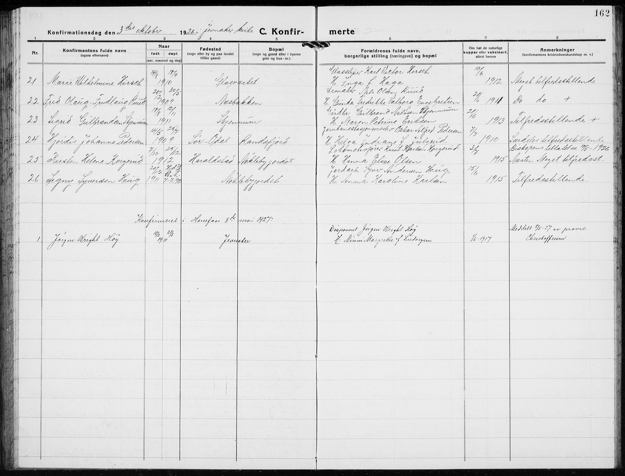 Jevnaker prestekontor, AV/SAH-PREST-116/H/Ha/Hab/L0005: Parish register (copy) no. 5, 1919-1934, p. 162