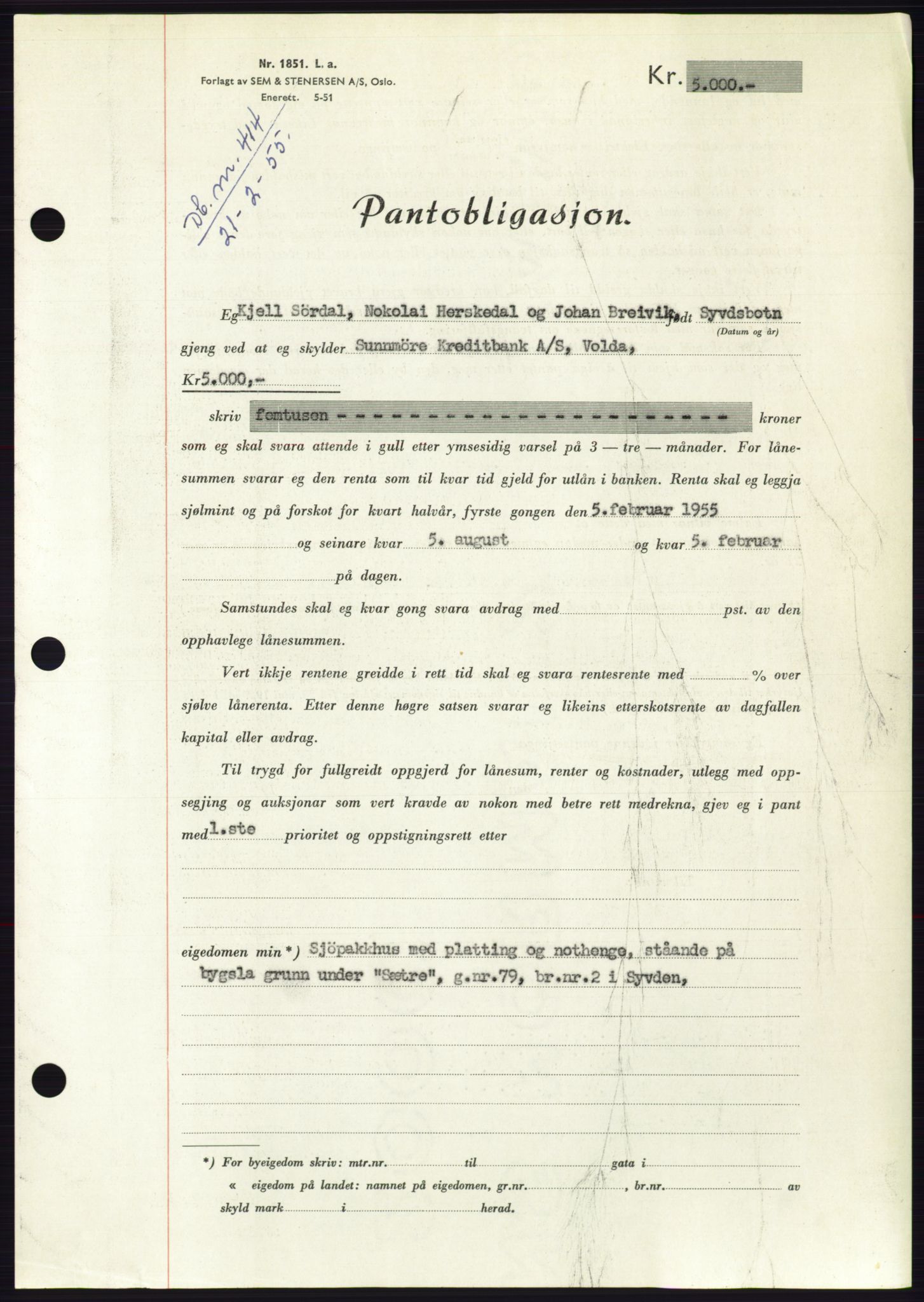 Søre Sunnmøre sorenskriveri, AV/SAT-A-4122/1/2/2C/L0126: Mortgage book no. 14B, 1954-1955, Diary no: : 414/1955