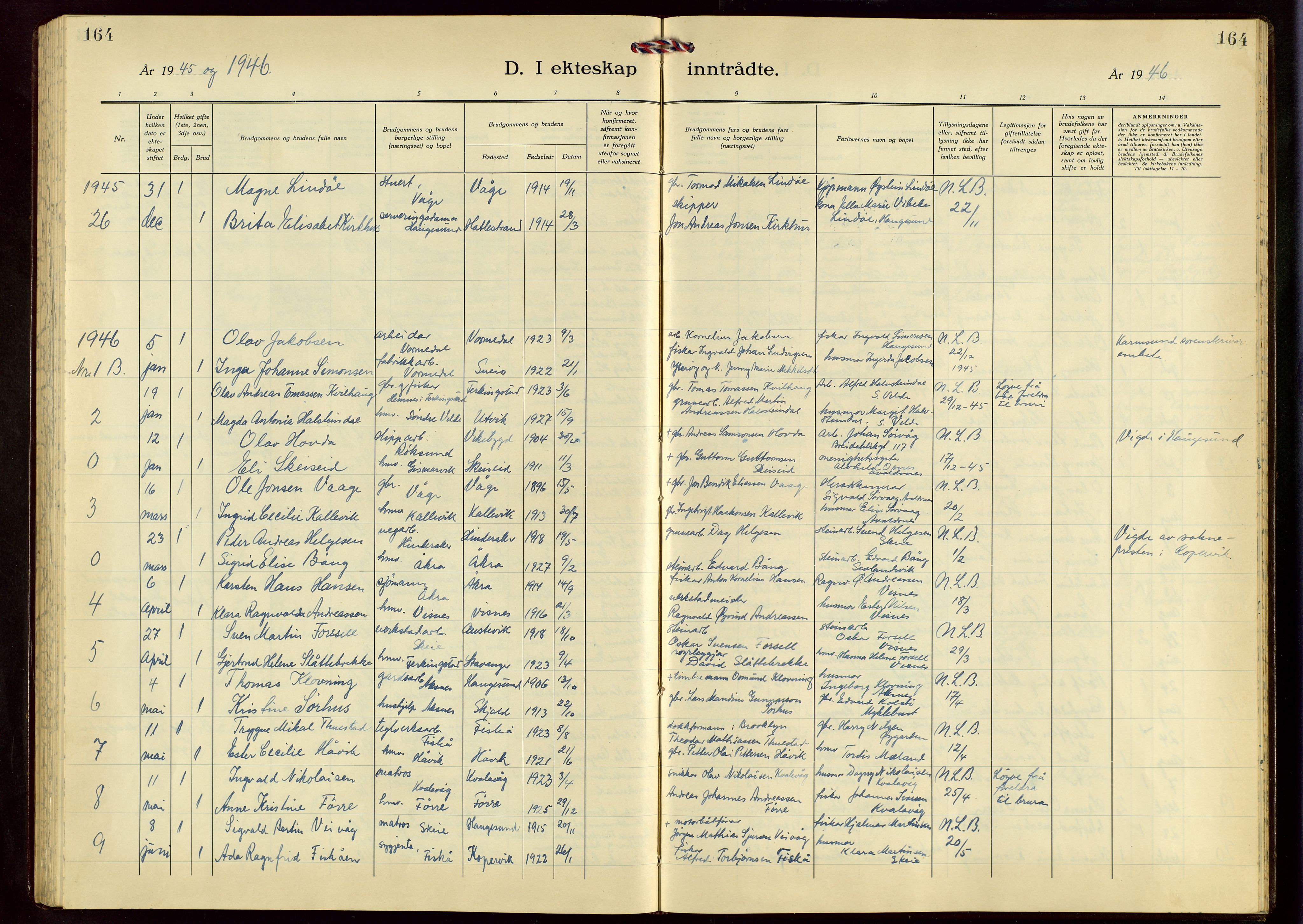 Avaldsnes sokneprestkontor, SAST/A -101851/H/Ha/Hab/L0009: Parish register (copy) no. B 9, 1940-1958, p. 164