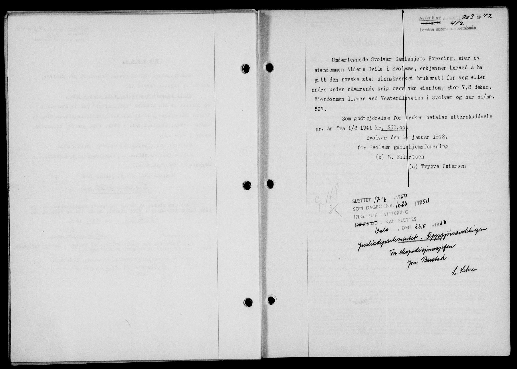 Lofoten sorenskriveri, SAT/A-0017/1/2/2C/L0009a: Mortgage book no. 9a, 1941-1942, Diary no: : 203/1942