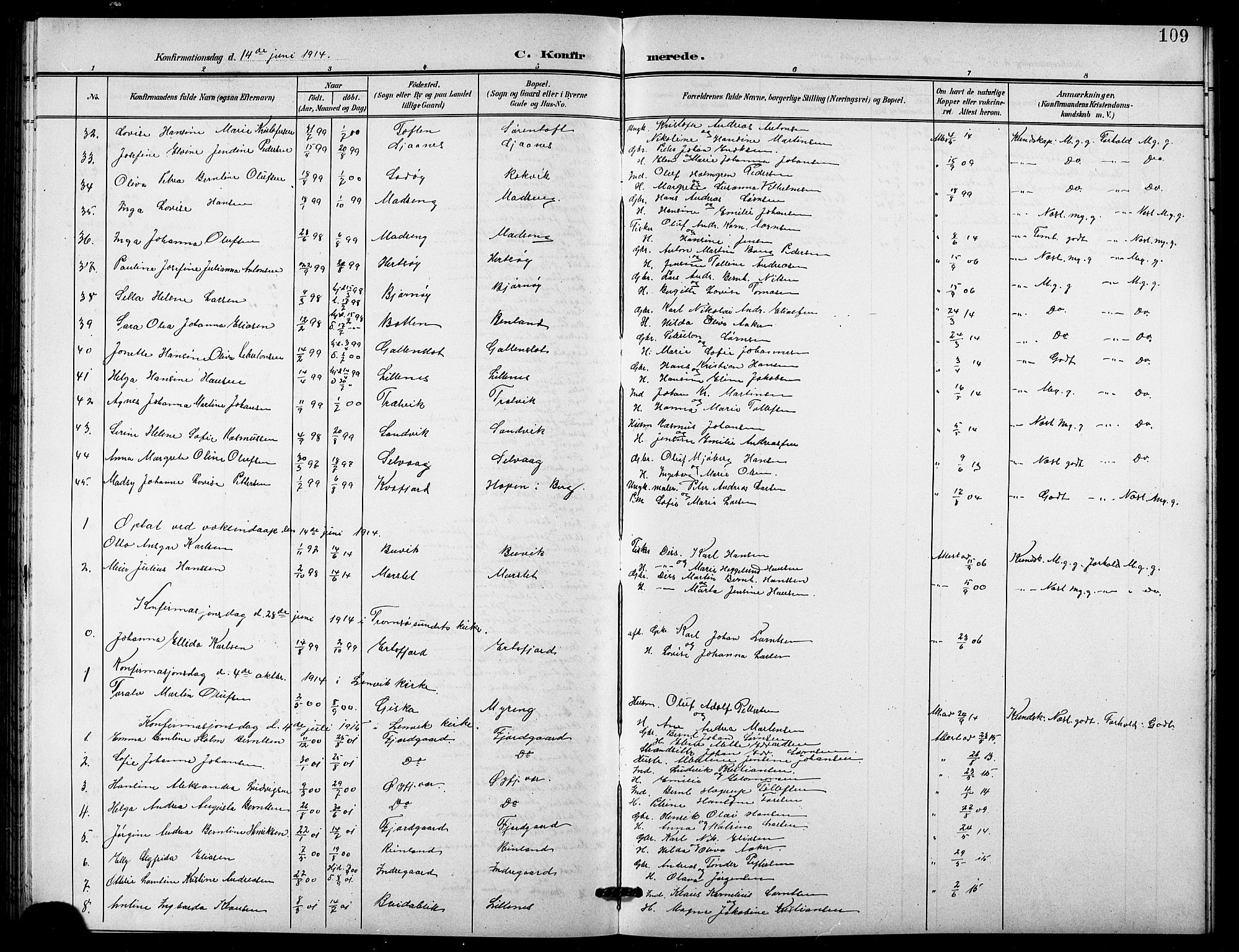 Lenvik sokneprestembete, SATØ/S-1310/H/Ha/Hab/L0022klokker: Parish register (copy) no. 22, 1901-1918, p. 109