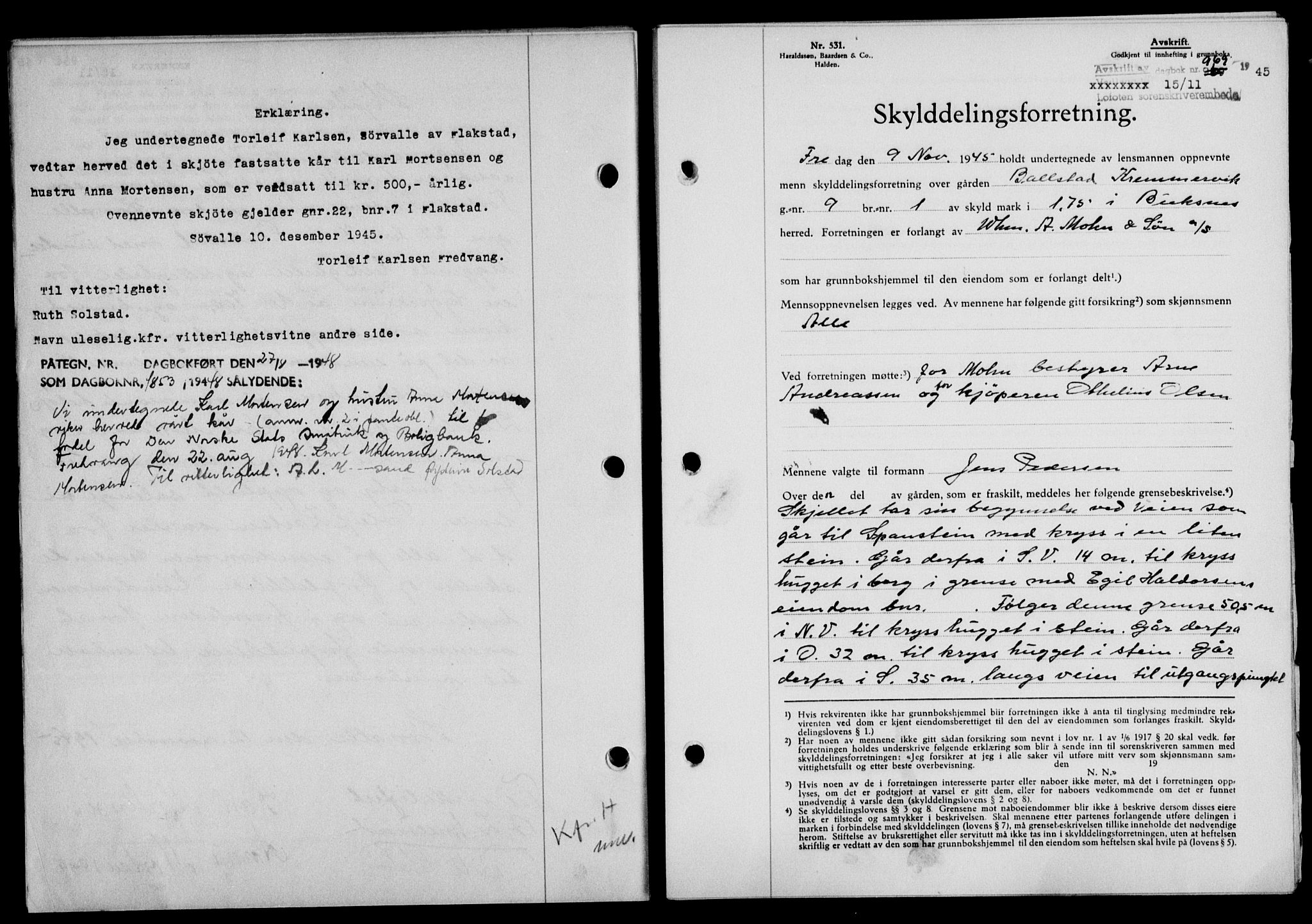 Lofoten sorenskriveri, SAT/A-0017/1/2/2C/L0013a: Mortgage book no. 13a, 1944-1946, Diary no: : 969/1945