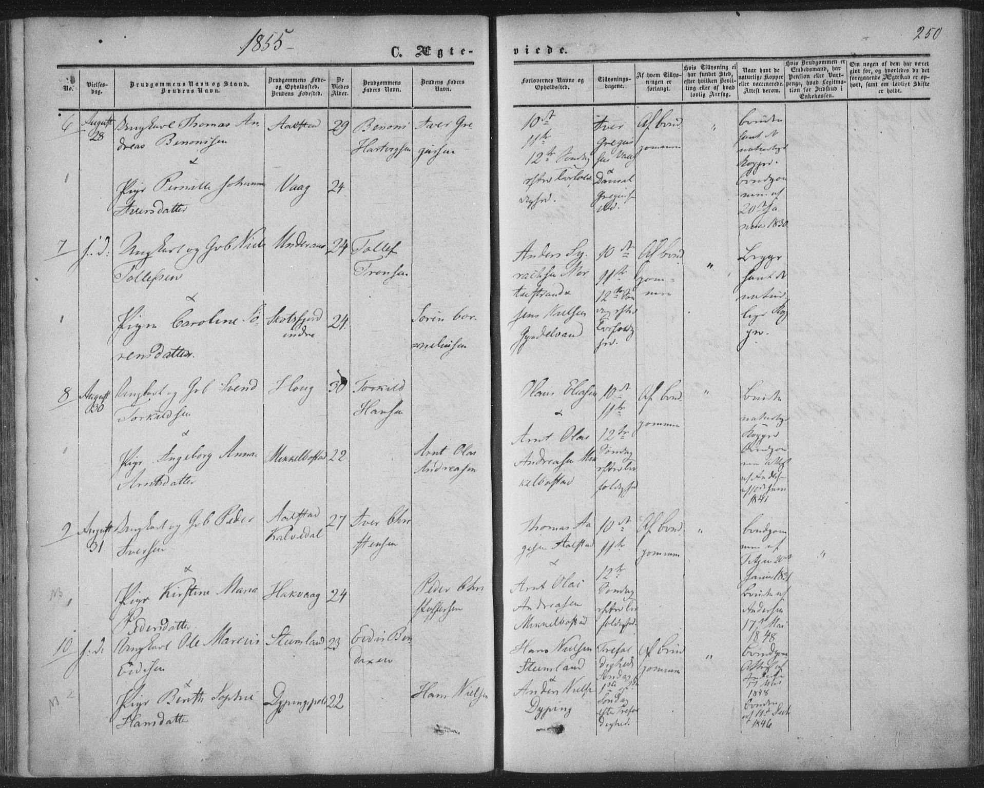 Ministerialprotokoller, klokkerbøker og fødselsregistre - Nordland, AV/SAT-A-1459/855/L0800: Parish register (official) no. 855A08, 1852-1864, p. 250