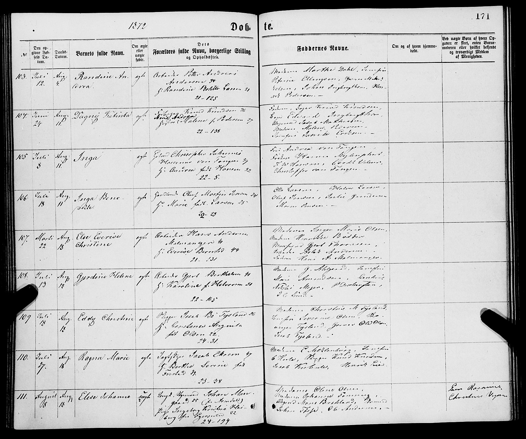 Korskirken sokneprestembete, AV/SAB-A-76101/H/Haa/L0020: Parish register (official) no. B 6, 1871-1878, p. 171