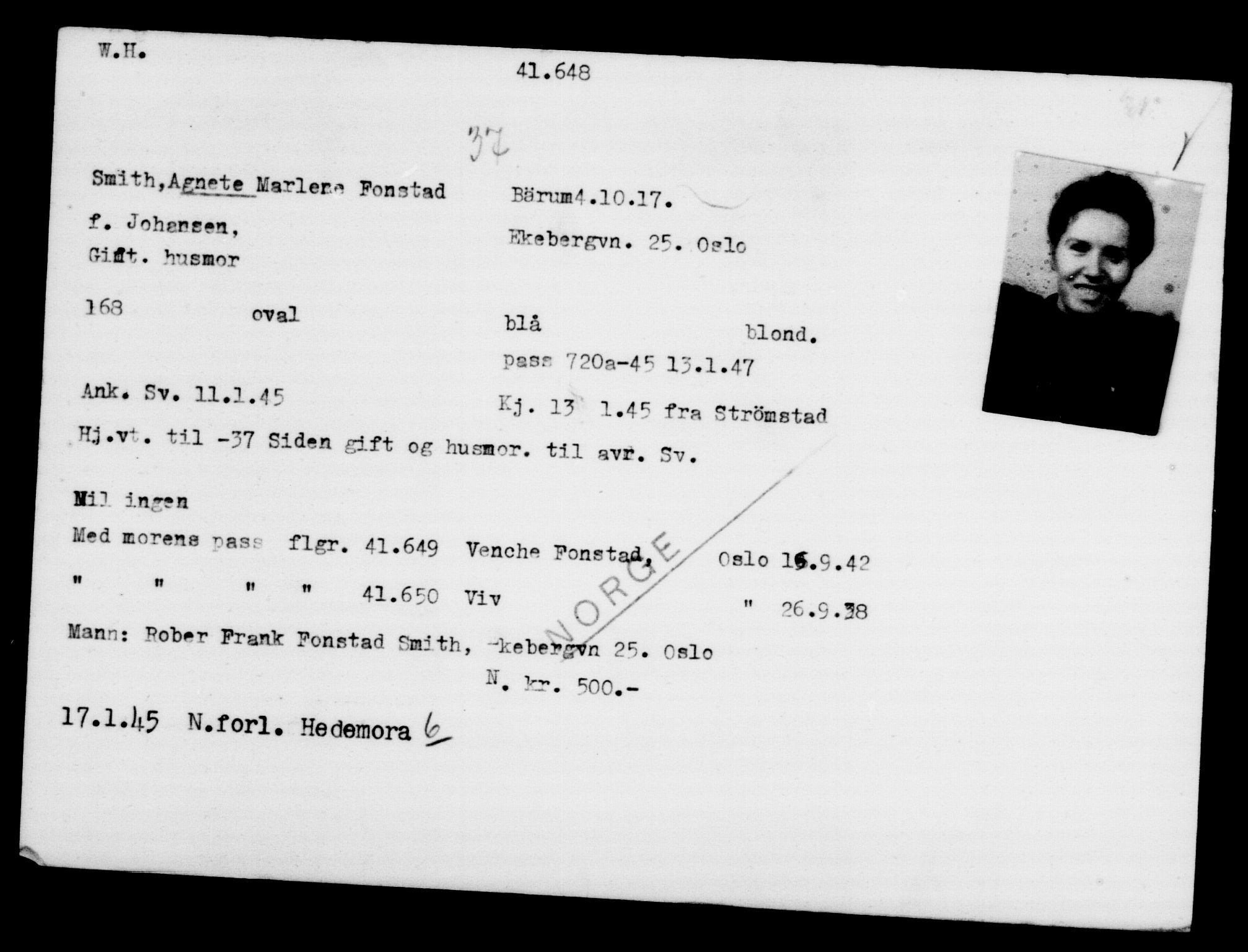Utenriksstasjonene, Legasjonen i Stockholm, Flyktningkontoret, AV/RA-S-6753/V/Va/L0016: Kjesäterkartoteket, flyktninger med registreringsnr. 40700-43479, 1940-1945, p. 983