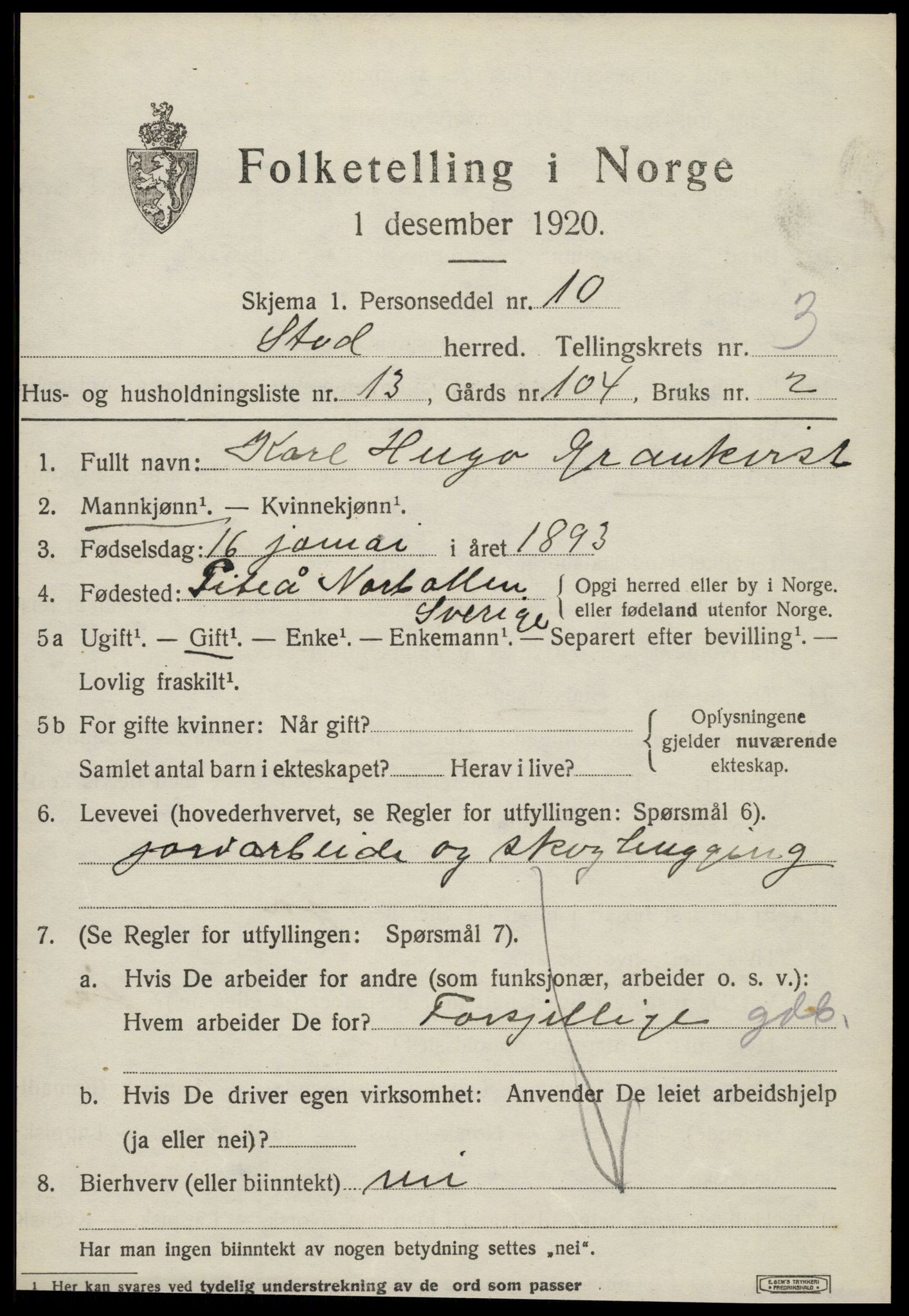 SAT, 1920 census for Stod, 1920, p. 2438