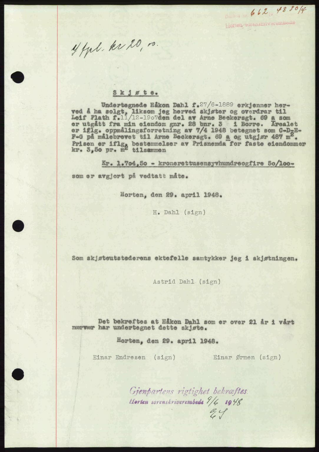 Horten sorenskriveri, AV/SAKO-A-133/G/Ga/Gaa/L0010: Mortgage book no. A-10, 1947-1948, Diary no: : 662/1948