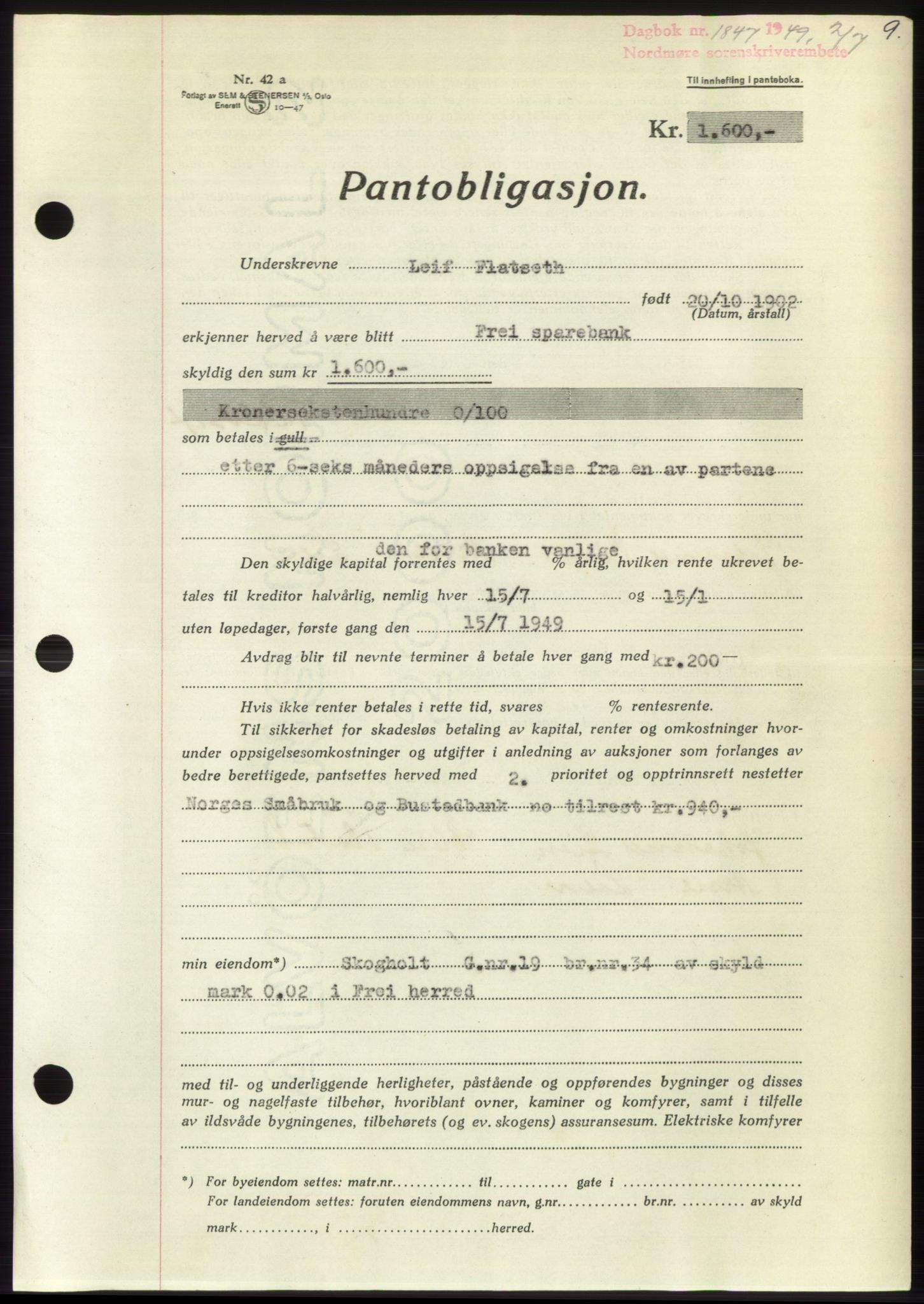 Nordmøre sorenskriveri, AV/SAT-A-4132/1/2/2Ca: Mortgage book no. B102, 1949-1949, Diary no: : 1847/1949