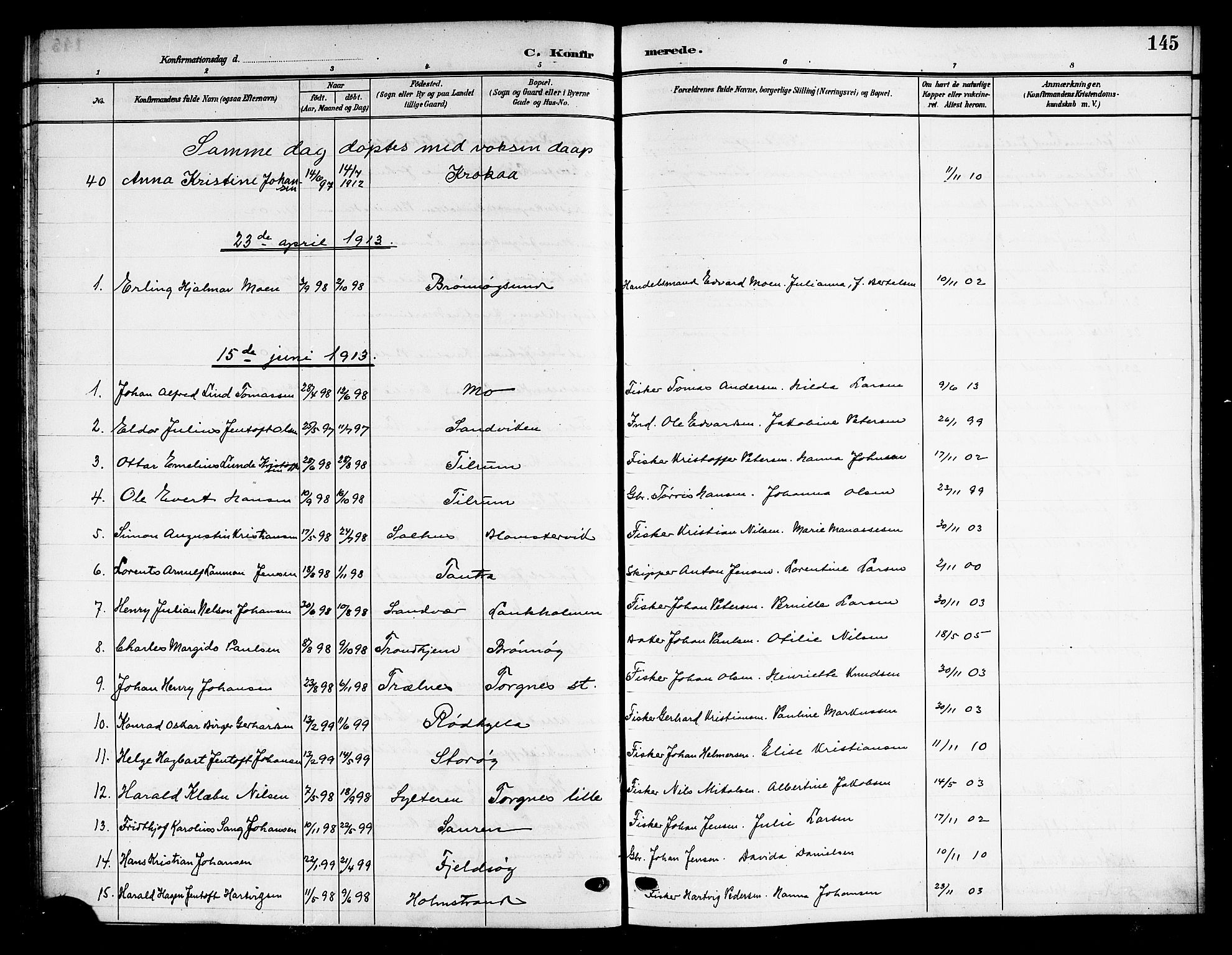 Ministerialprotokoller, klokkerbøker og fødselsregistre - Nordland, SAT/A-1459/813/L0214: Parish register (copy) no. 813C06, 1904-1917, p. 145
