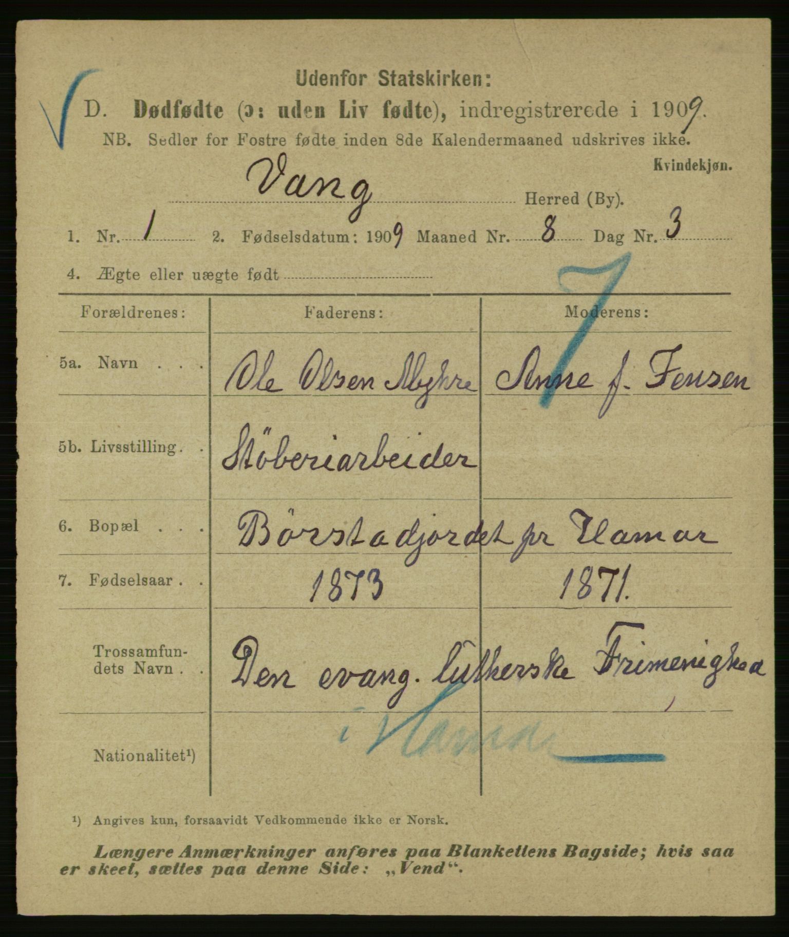 Statistisk sentralbyrå, Sosiodemografiske emner, Befolkning, AV/RA-S-2228/E/L0007: Fødte, gifte, døde dissentere., 1909, p. 3163