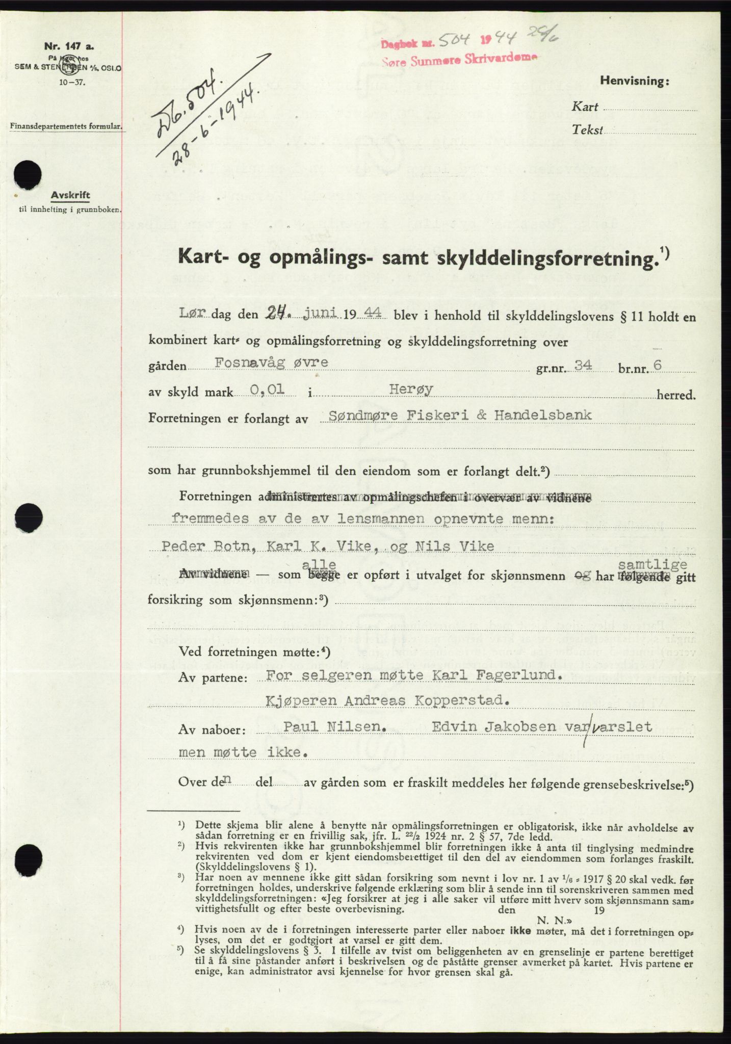 Søre Sunnmøre sorenskriveri, AV/SAT-A-4122/1/2/2C/L0076: Mortgage book no. 2A, 1943-1944, Diary no: : 504/1944