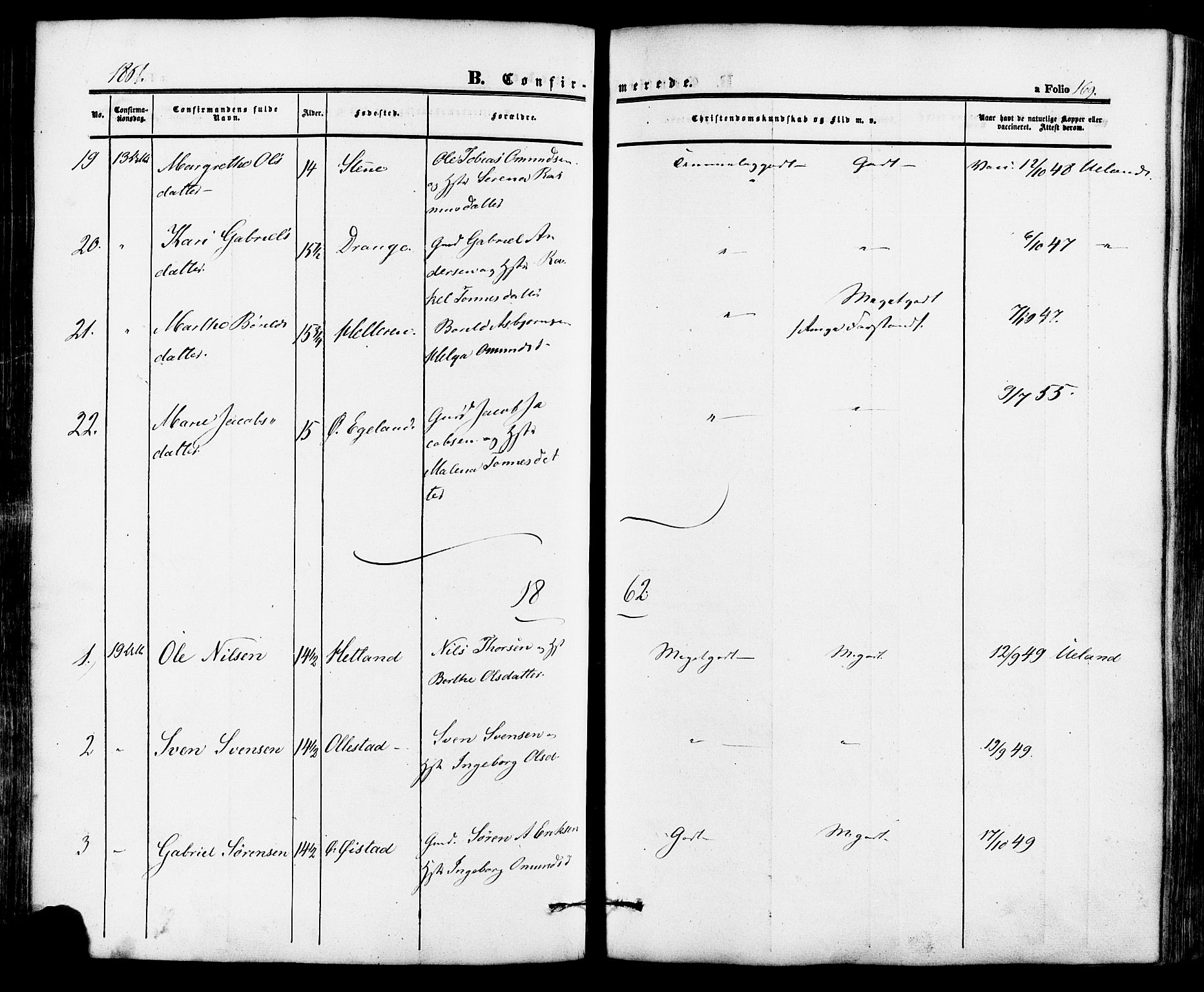 Lund sokneprestkontor, AV/SAST-A-101809/S06/L0010: Parish register (official) no. A 9, 1854-1886, p. 169