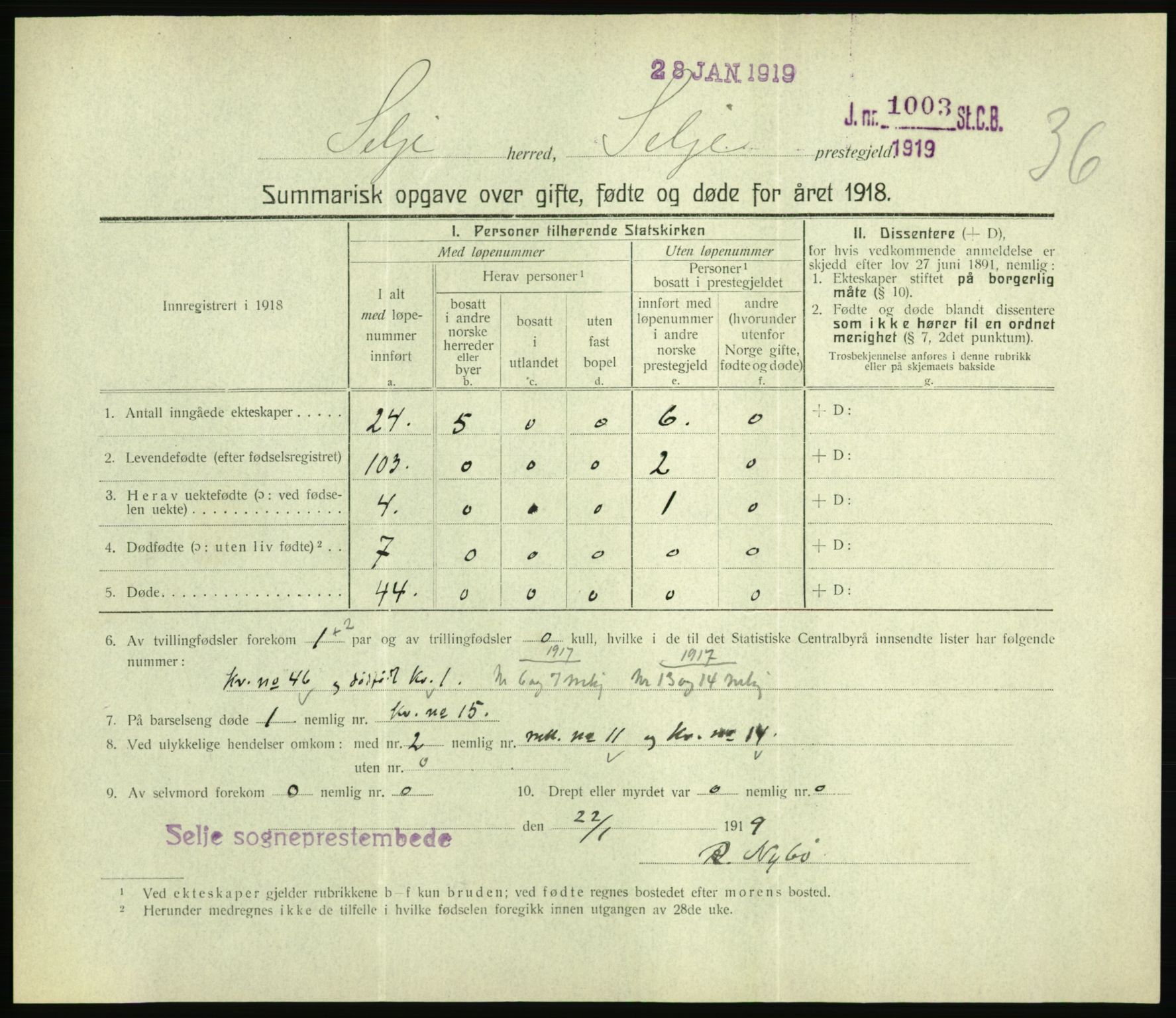 Statistisk sentralbyrå, Sosiodemografiske emner, Befolkning, RA/S-2228/D/Df/Dfb/Dfbh/L0059: Summariske oppgaver over gifte, fødte og døde for hele landet., 1918, p. 1083