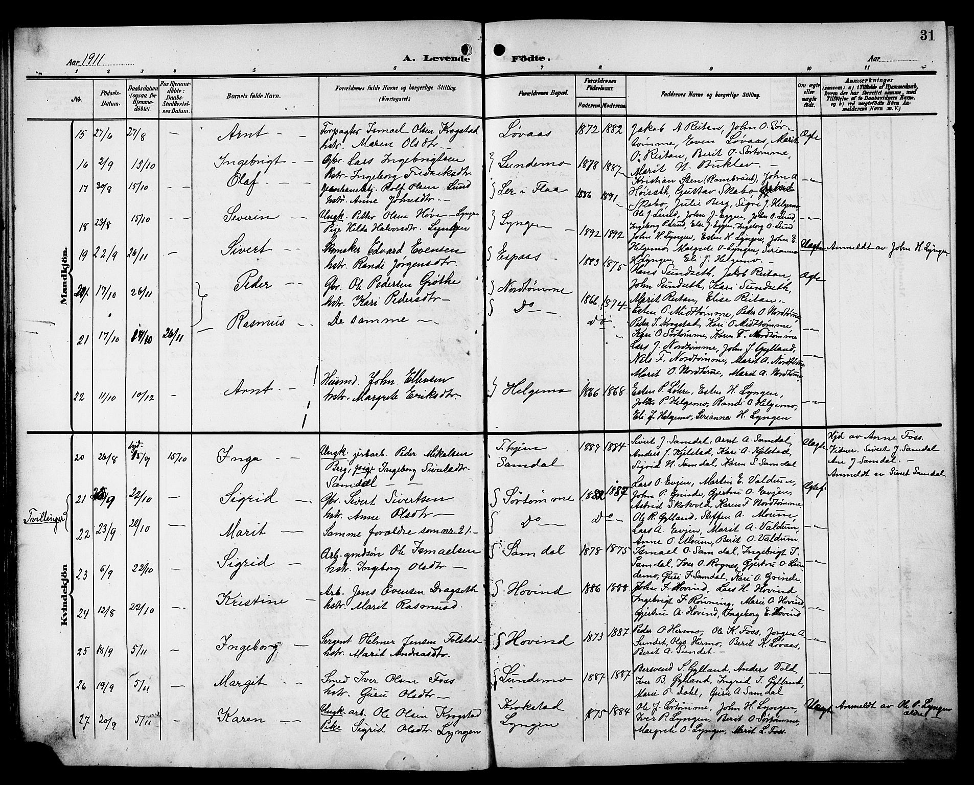 Ministerialprotokoller, klokkerbøker og fødselsregistre - Sør-Trøndelag, SAT/A-1456/692/L1112: Parish register (copy) no. 692C07, 1904-1918, p. 31