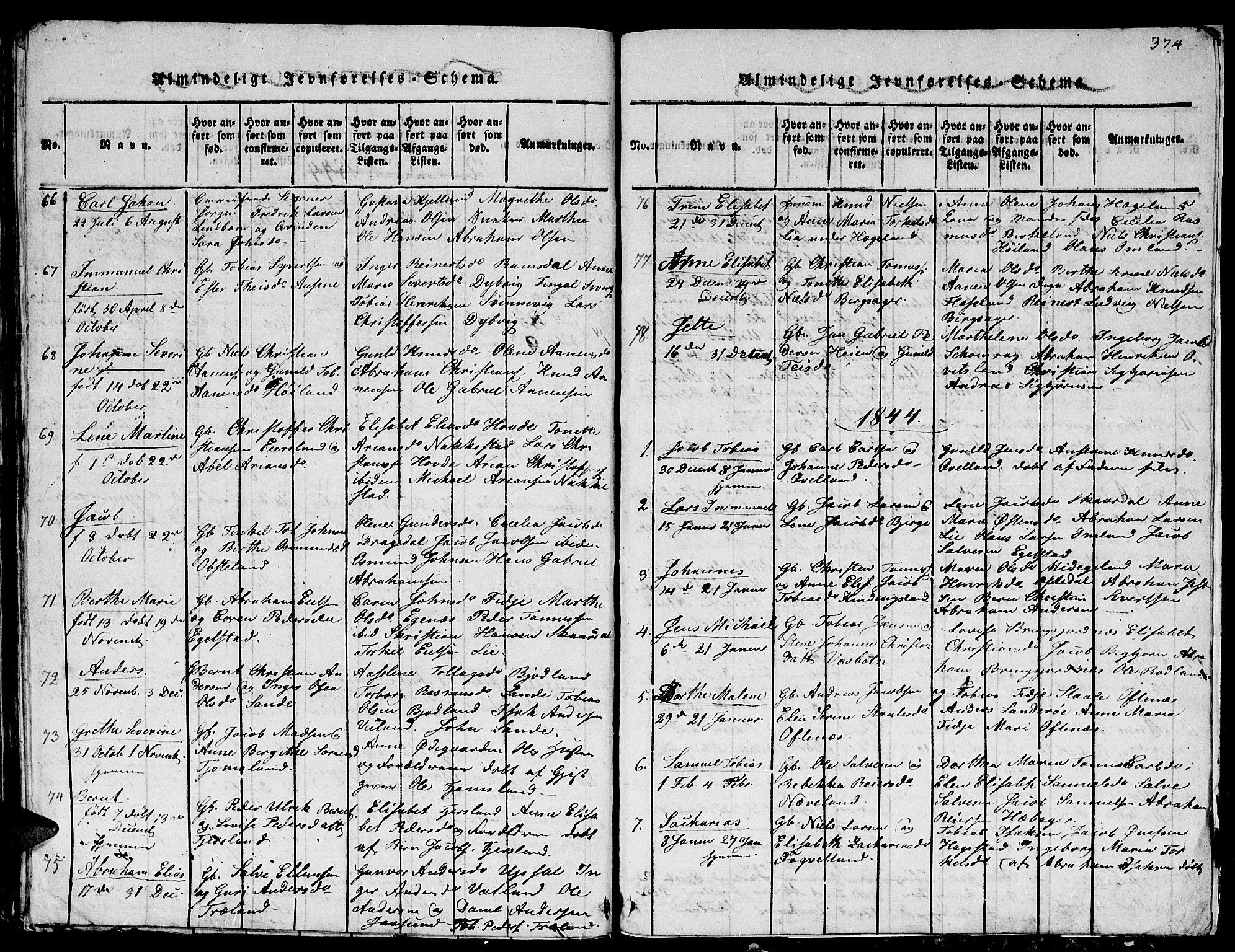 Lyngdal sokneprestkontor, AV/SAK-1111-0029/F/Fb/Fbc/L0001: Parish register (copy) no. B 1, 1815-1844, p. 374