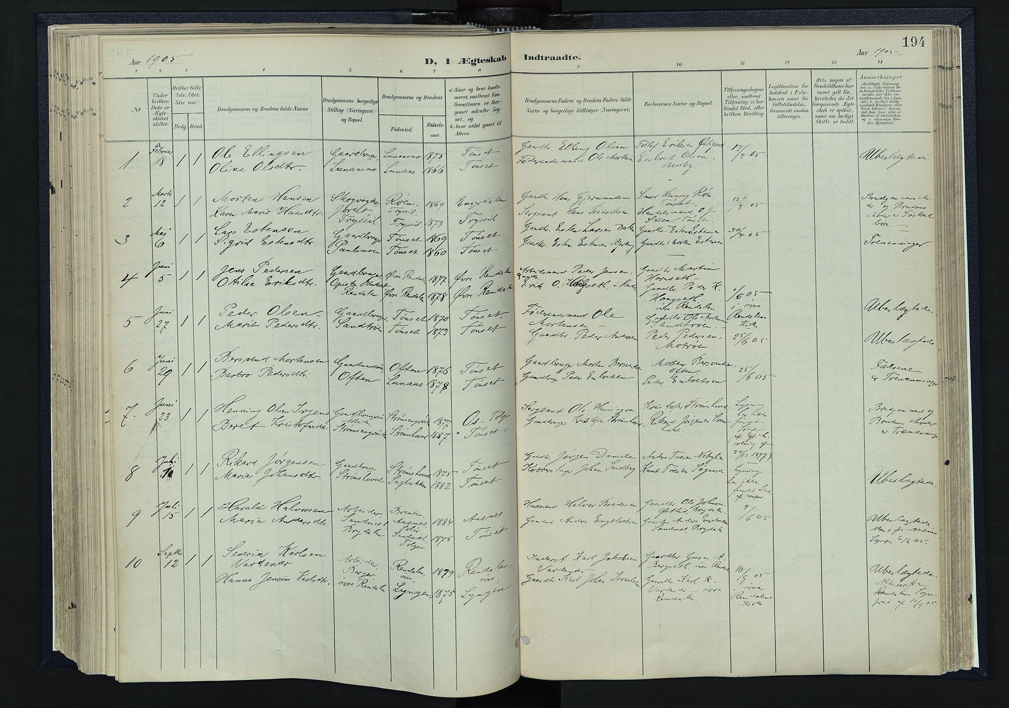 Tynset prestekontor, AV/SAH-PREST-058/H/Ha/Haa/L0025: Parish register (official) no. 25, 1900-1914, p. 194