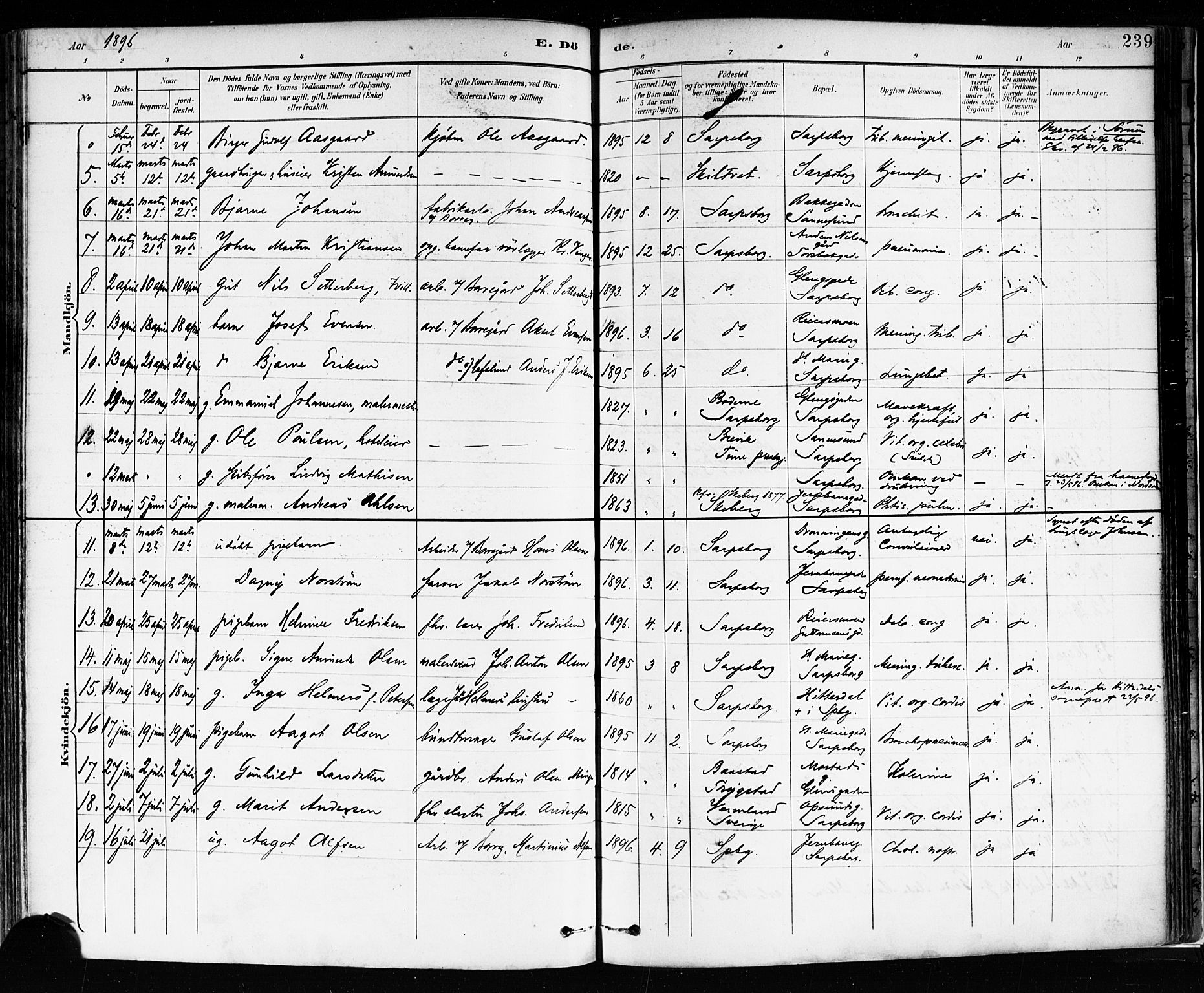 Sarpsborg prestekontor Kirkebøker, AV/SAO-A-2006/F/Fa/L0004: Parish register (official) no. 4, 1892-1899, p. 239