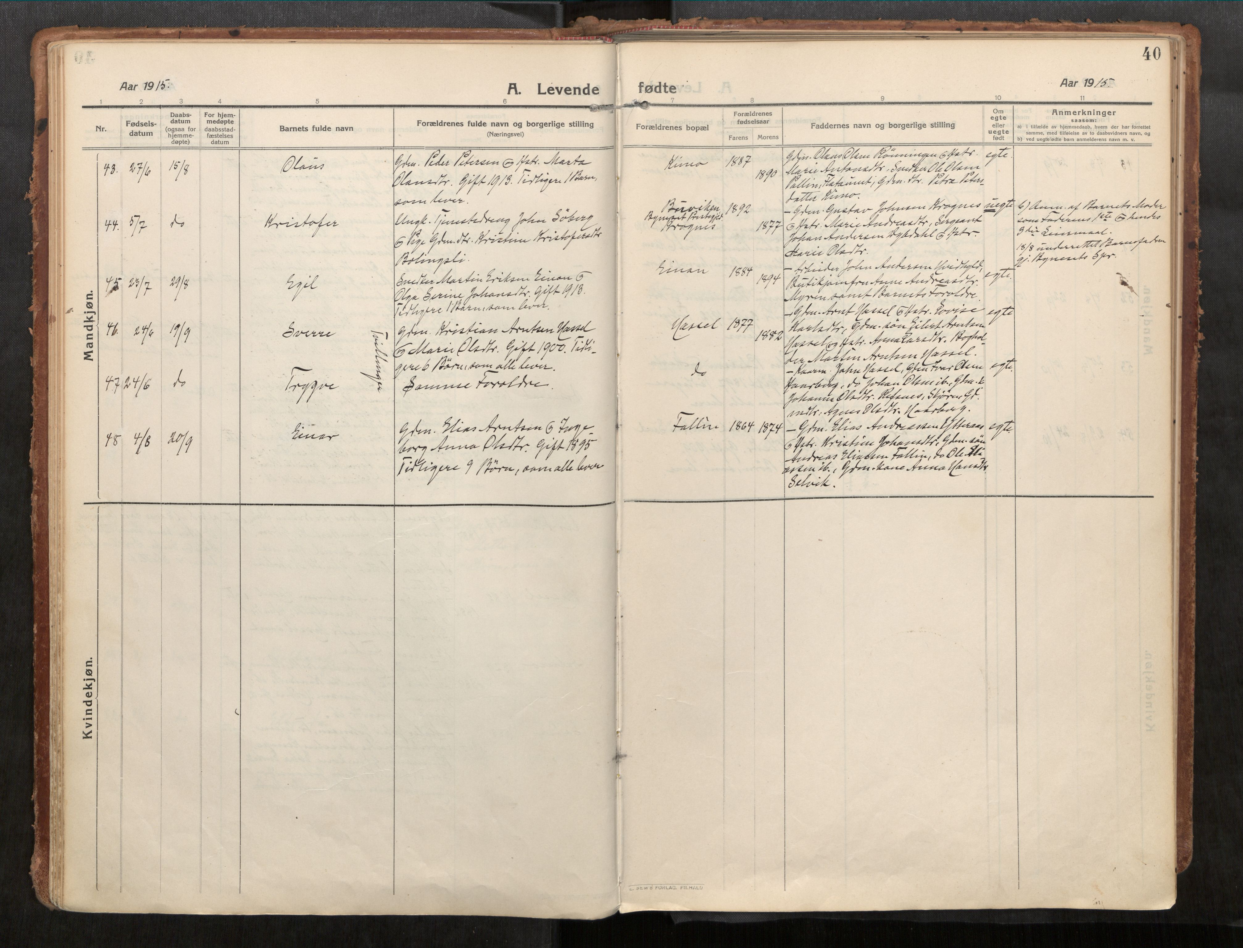 Stadsbygd sokneprestkontor, AV/SAT-A-1117/1/I/I1/I1a/L0001: Parish register (official) no. 1, 1911-1929, p. 40