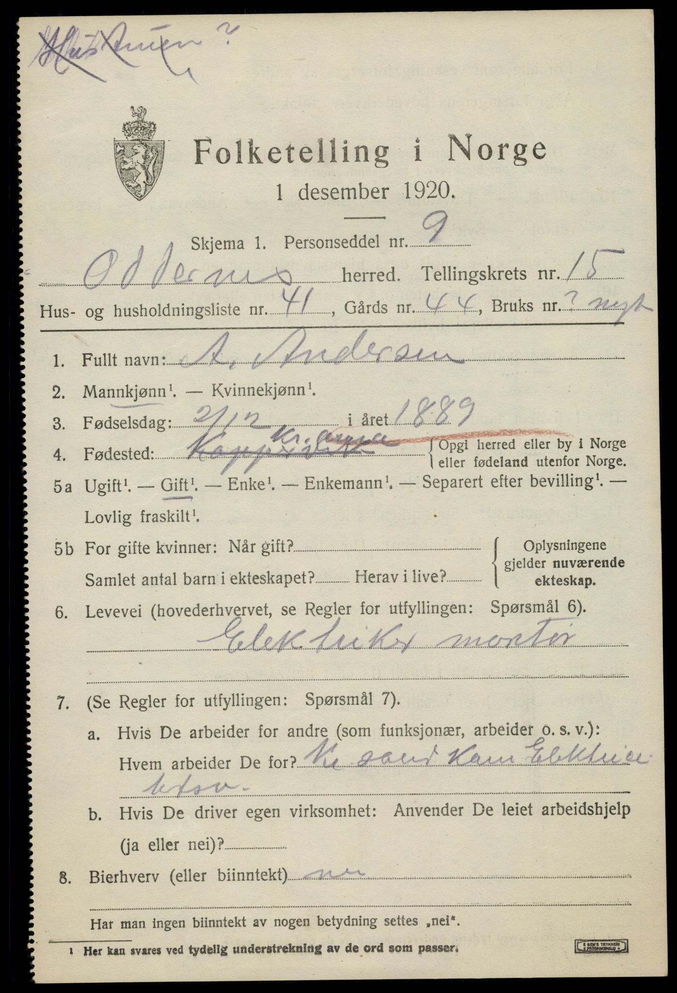 SAK, 1920 census for Oddernes, 1920, p. 10477