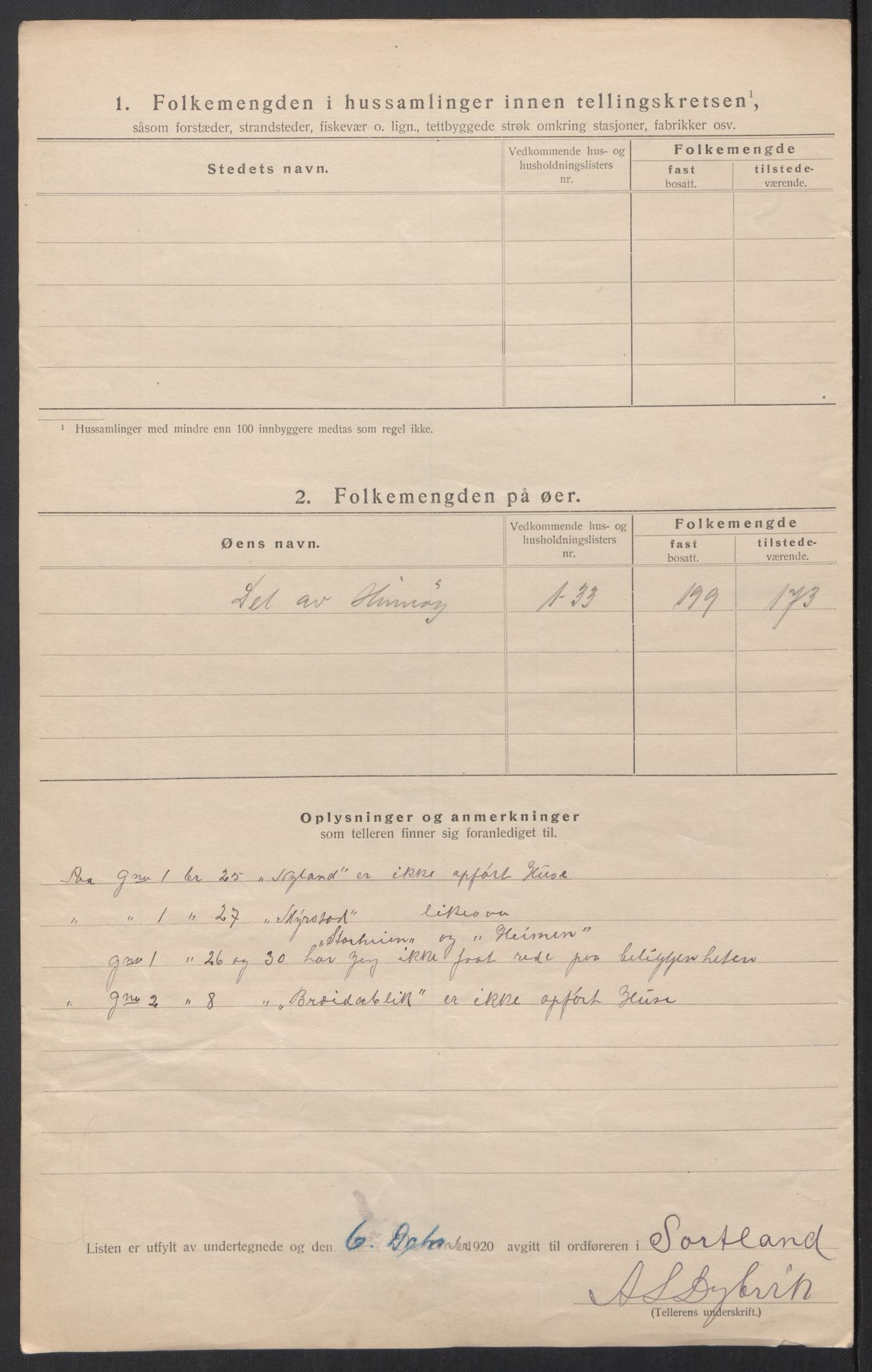 SAT, 1920 census for Sortland, 1920, p. 43